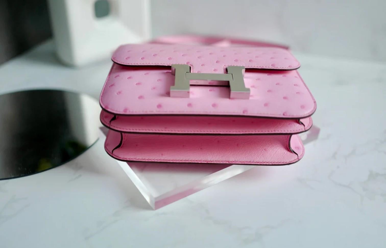NEW Hermes Constance III Mini Mirror Ostrich Rose Bubblegum Pink W en vente 4