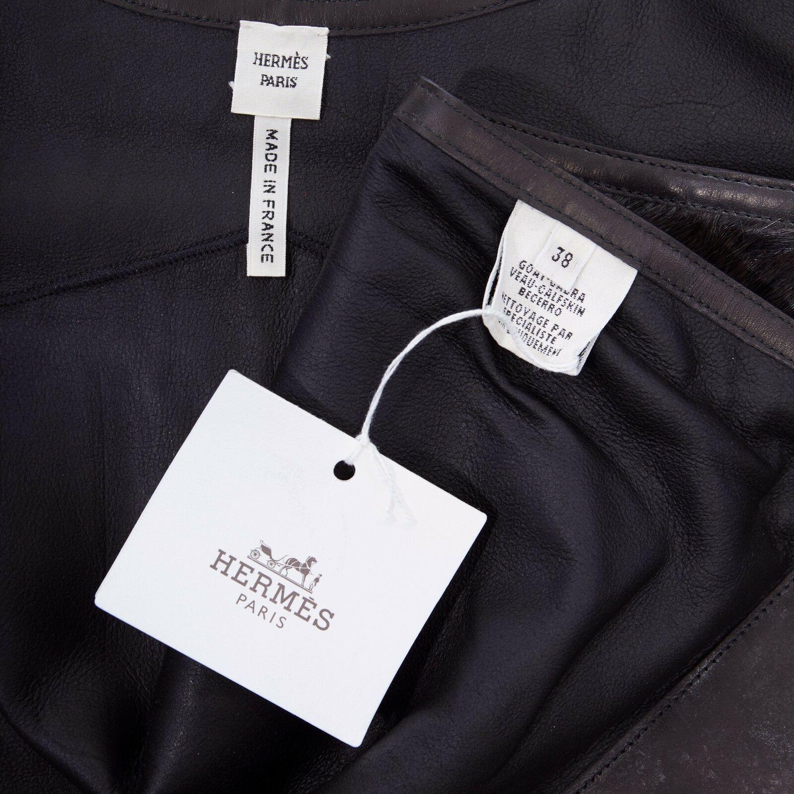 new HERMES dark green goat fur black leather lined belted scarf vest top FR38 S 6