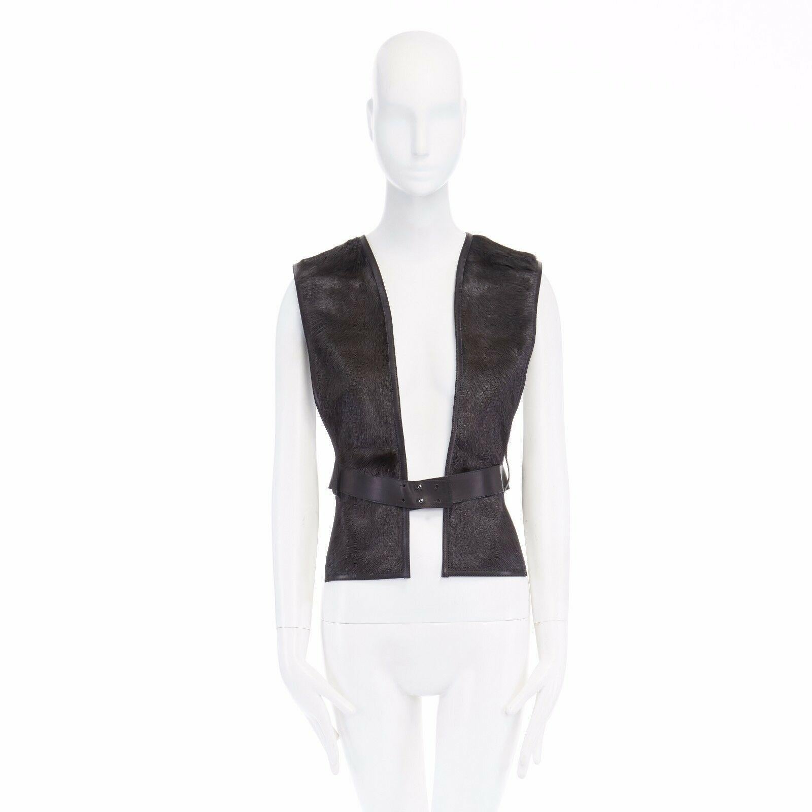 Black new HERMES dark green goat fur black leather lined belted scarf vest top FR38 S