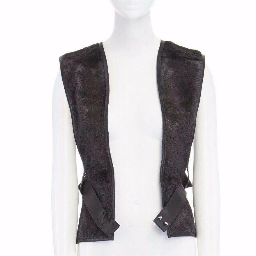 new HERMES dark green goat fur black leather lined belted scarf vest top FR38 S In Good Condition In Hong Kong, NT