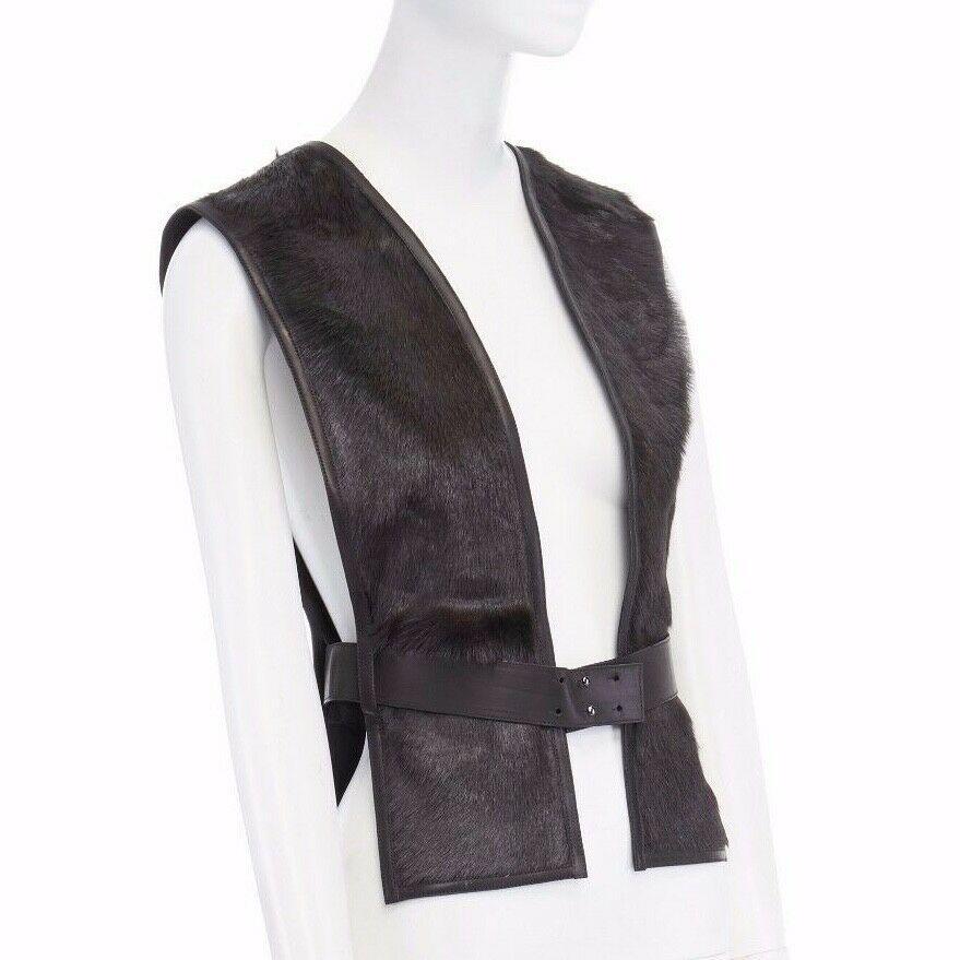 Women's new HERMES dark green goat fur black leather lined belted scarf vest top FR38 S