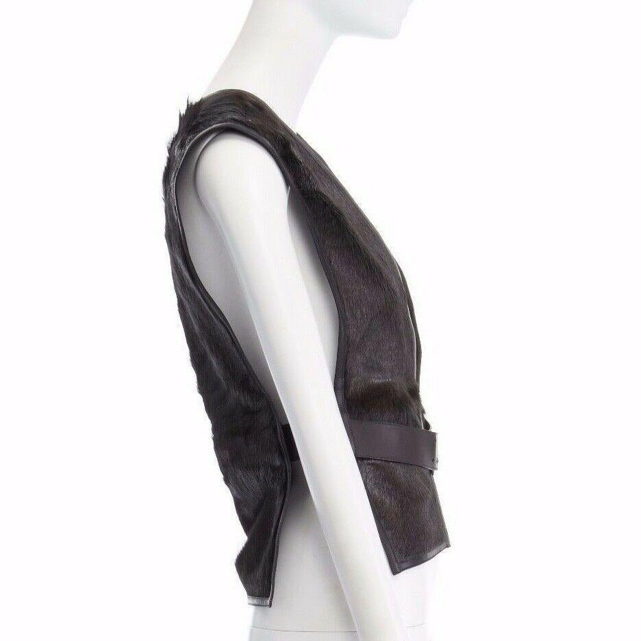 new HERMES dark green goat fur black leather lined belted scarf vest top FR38 S 1