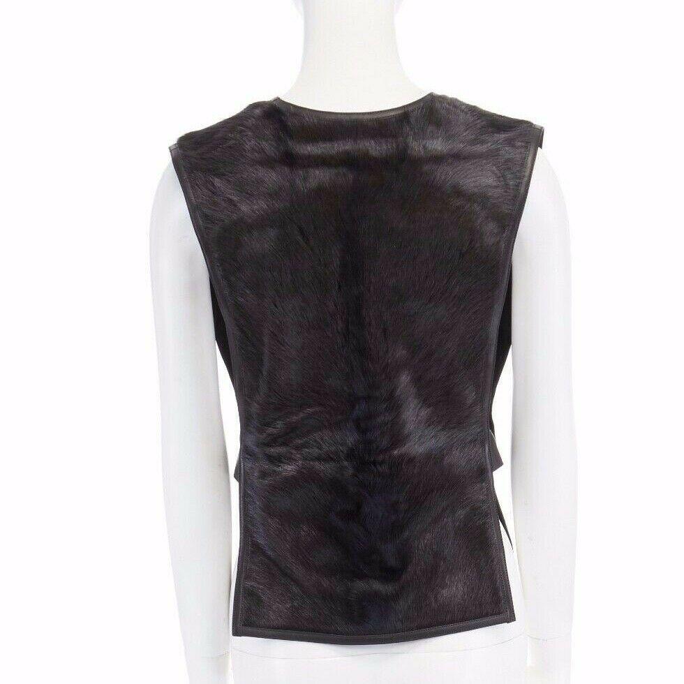 new HERMES dark green goat fur black leather lined belted scarf vest top FR38 S 2
