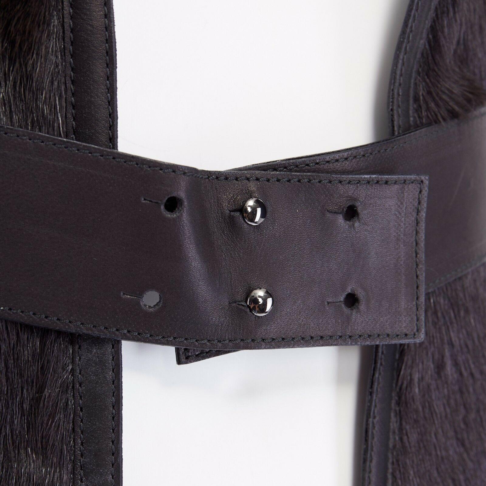 new HERMES dark green goat fur black leather lined belted scarf vest top FR38 S 3