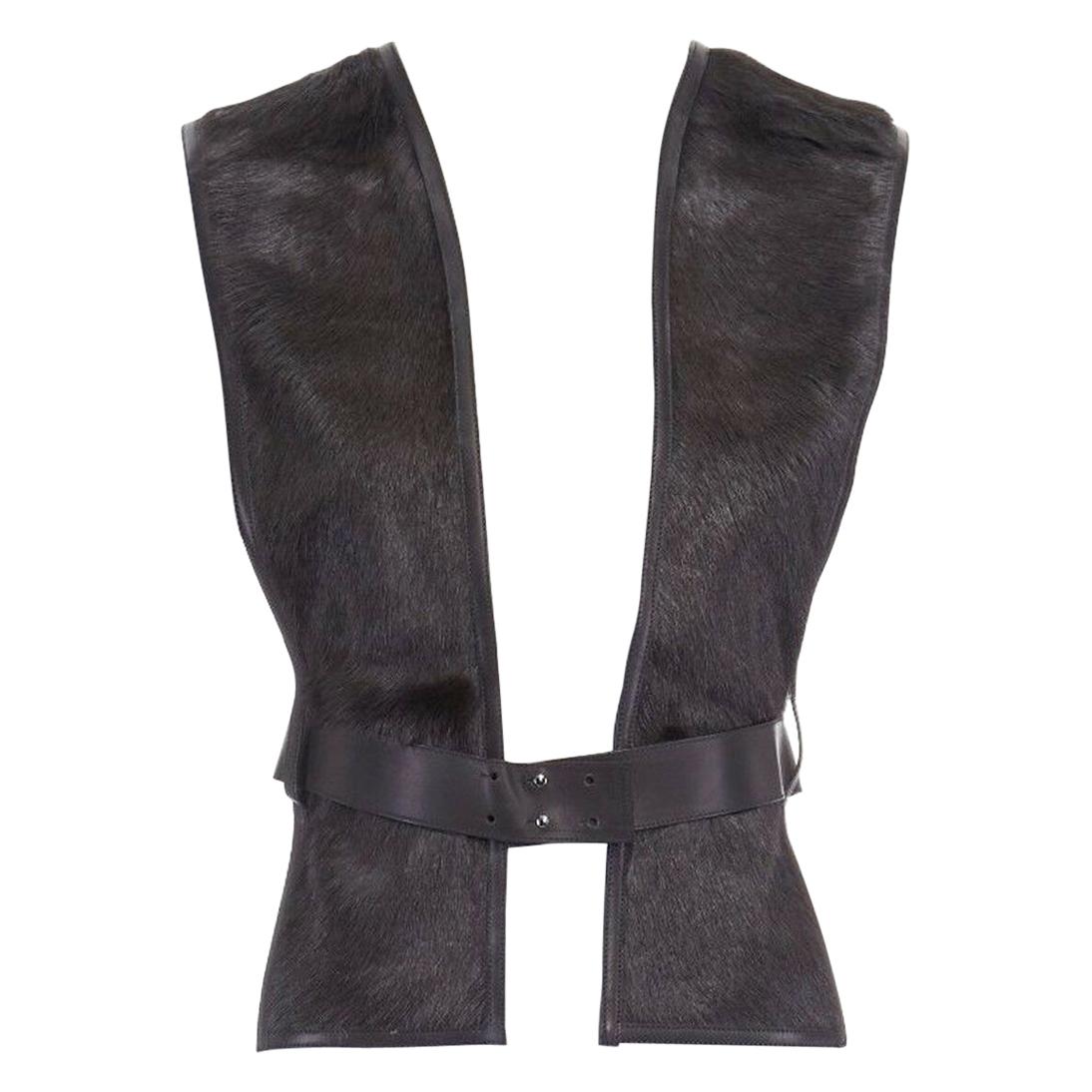new HERMES dark green goat fur black leather lined belted scarf vest top FR38 S