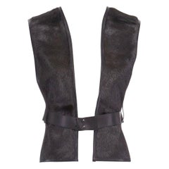 new HERMES dark green goat fur black leather lined belted scarf vest top FR38 S