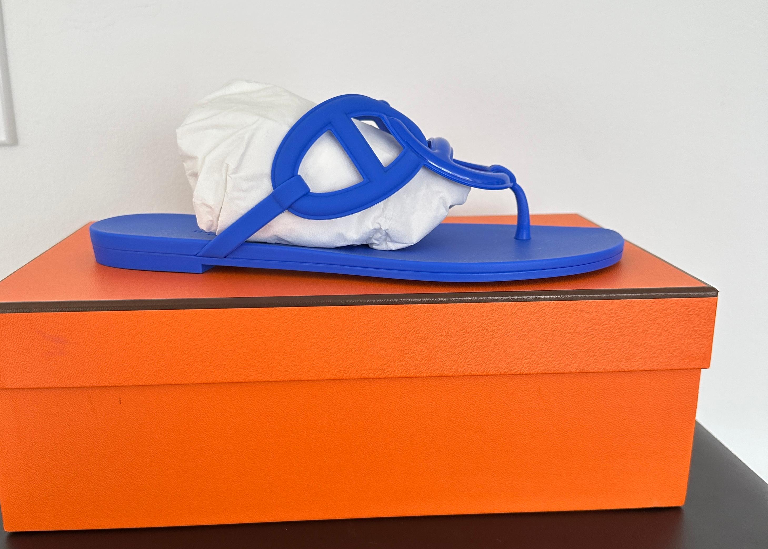 Women's New HERMES Egerie Sandals Bleu Outremer Chaine d'Ancre Motif Sandal 35 For Sale