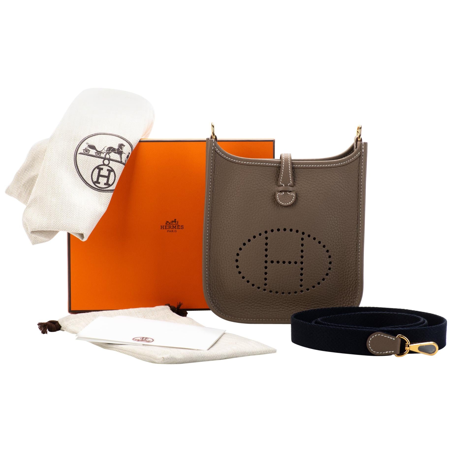 NEW Hermès Etoupe and Blau Mini Evelyne Tasche im Angebot bei 1stDibs