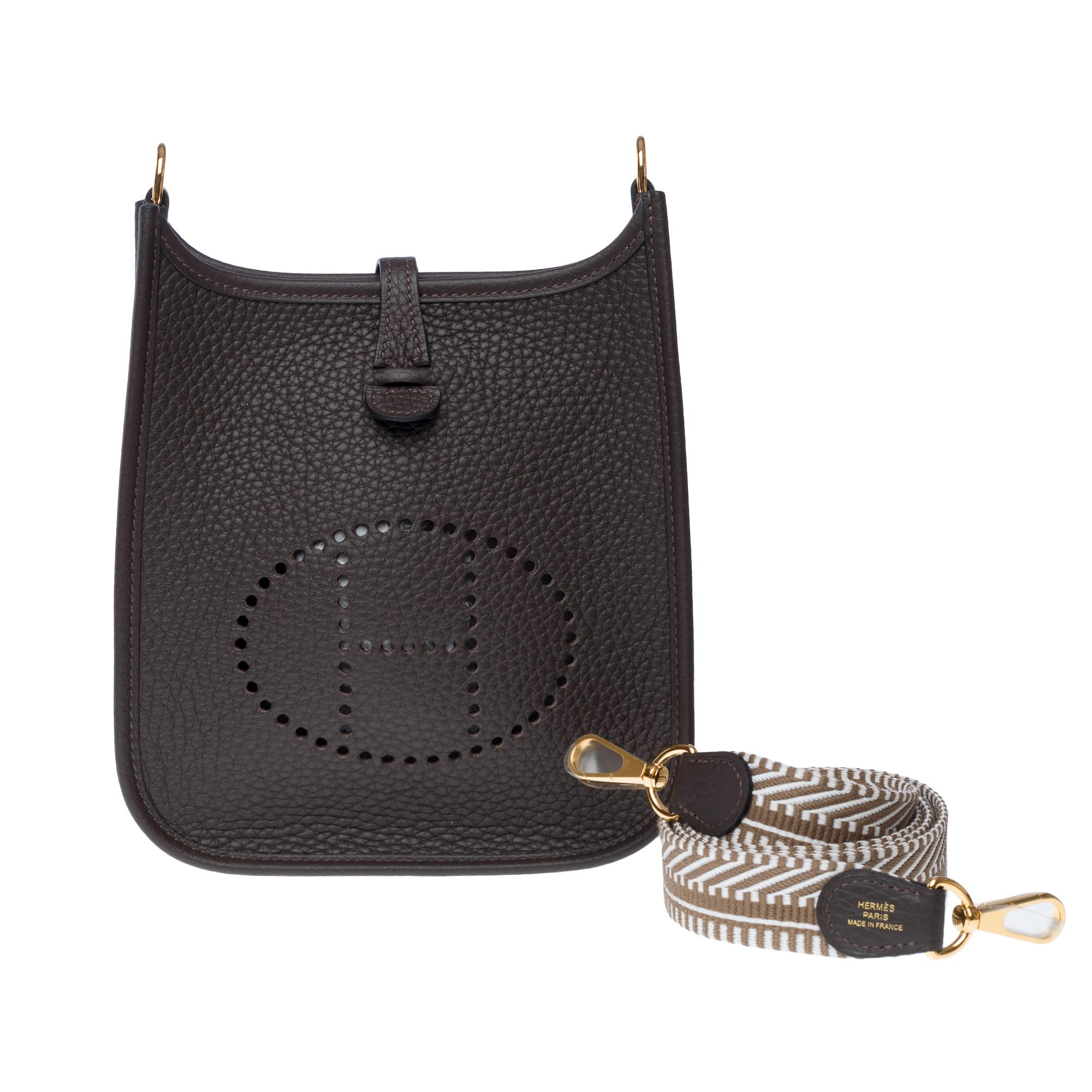 Beige New Hermès Evelyne TPM Amazone shoulder bag in Brown Taurillon leather, GHW