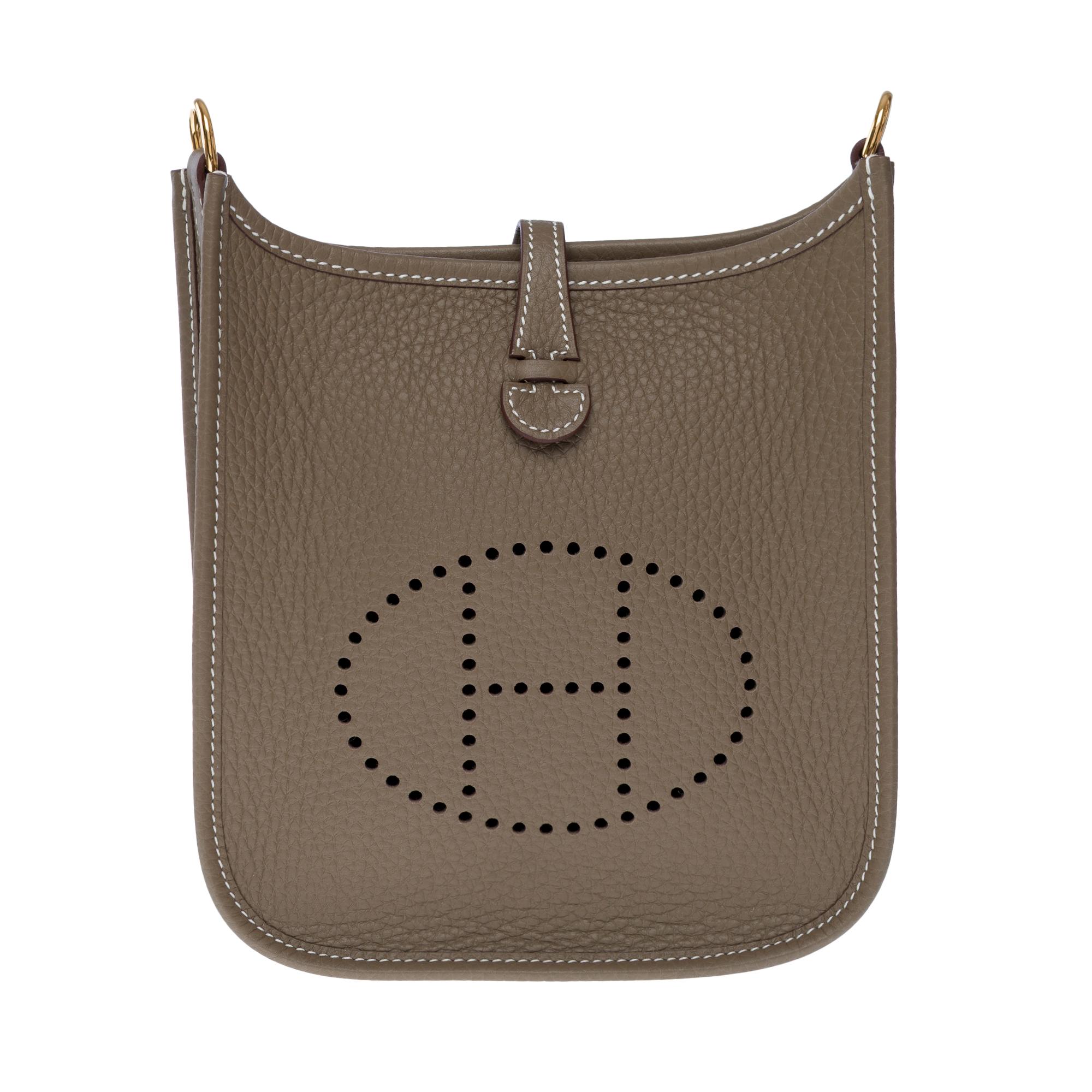 Brown New Hermès Evelyne TPM shoulder bag in Etoupe Taurillon Clemence Leather, GHW For Sale