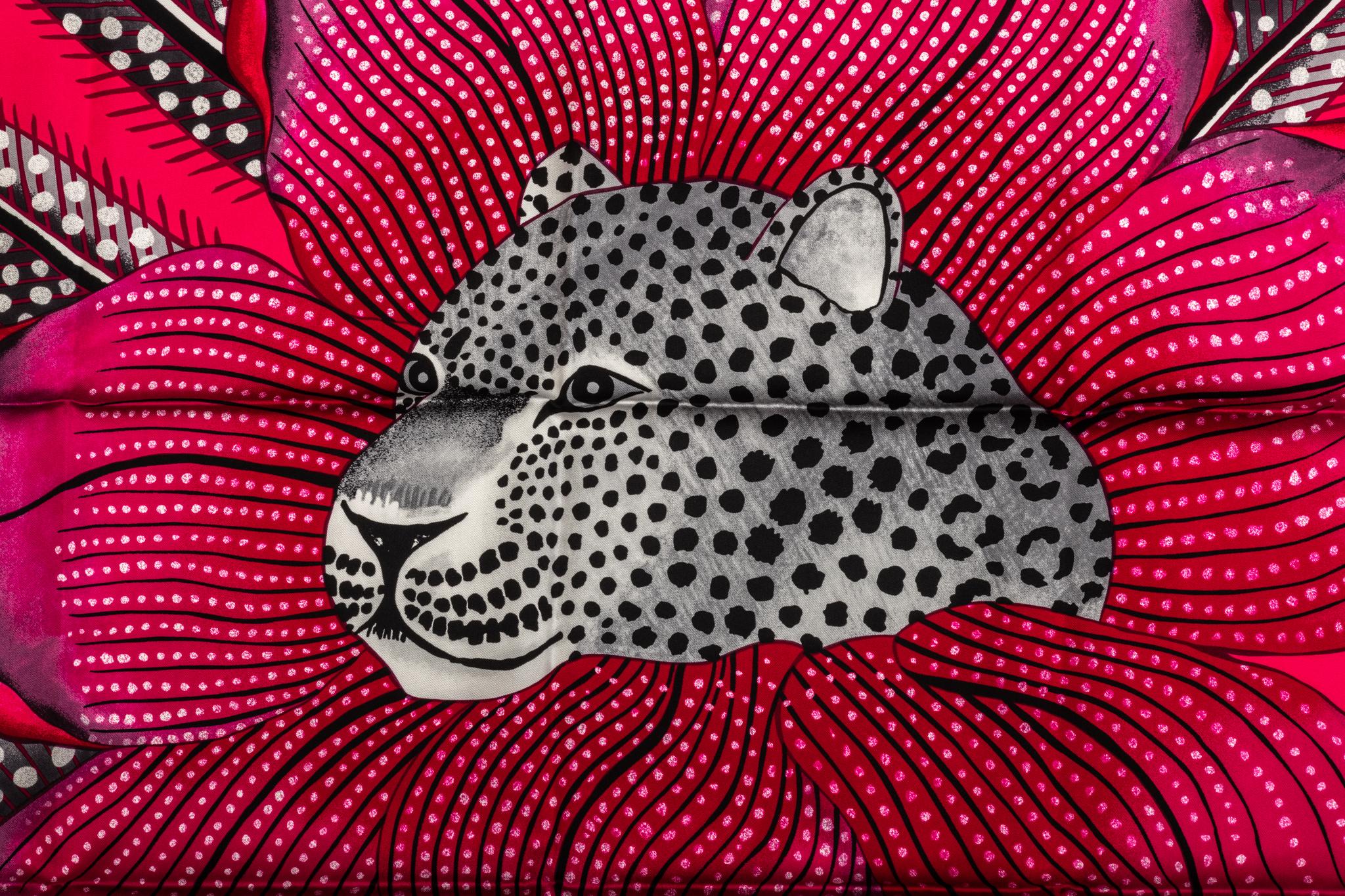 Hermès fuchsia silk Jaguar scarf. Hand-rolled edges. Box and ribbon included.
