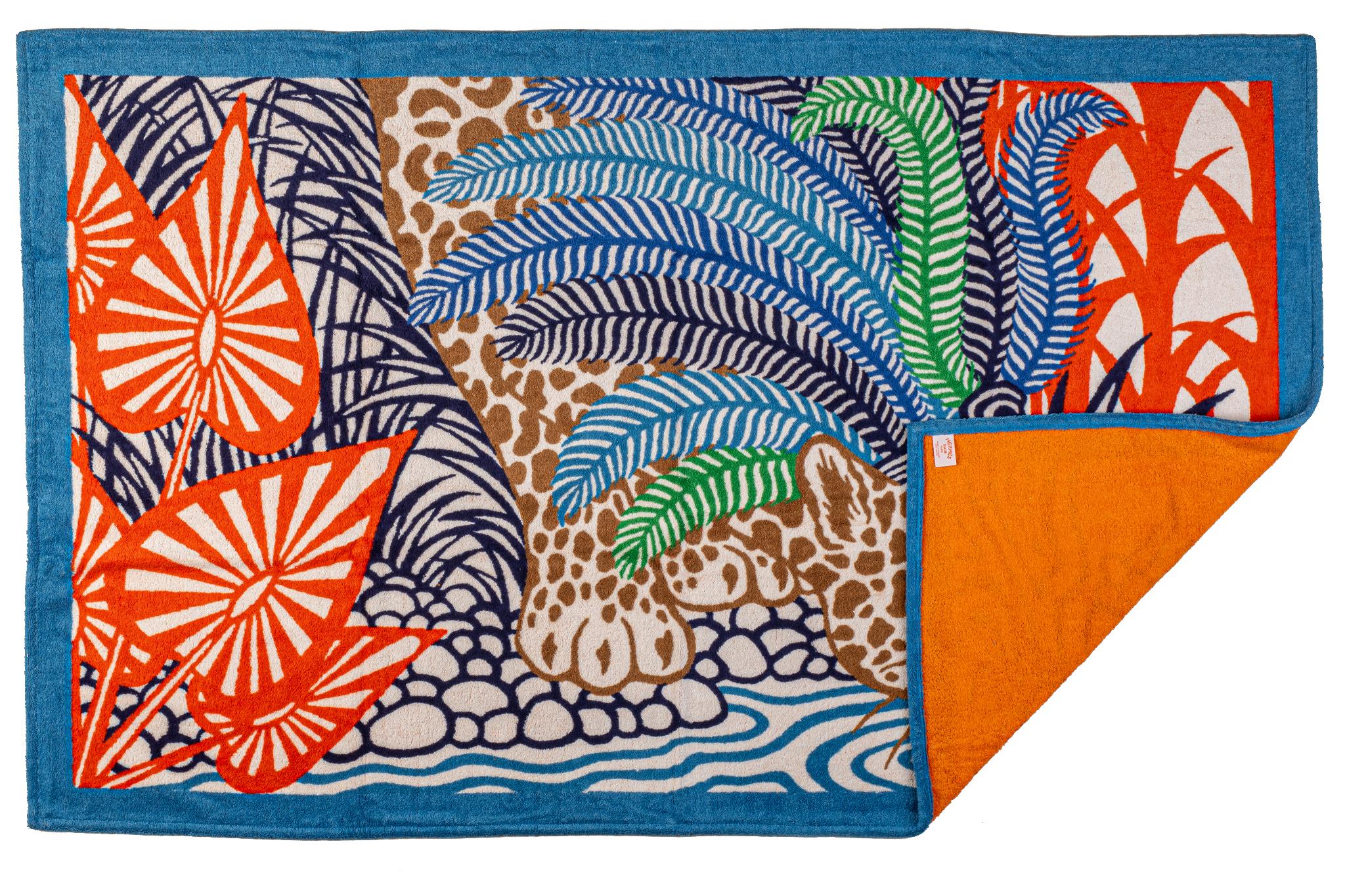 Hermès Ghepard aguar Quetzal Blaues Strandhandtuch aus Baumwolle Damen