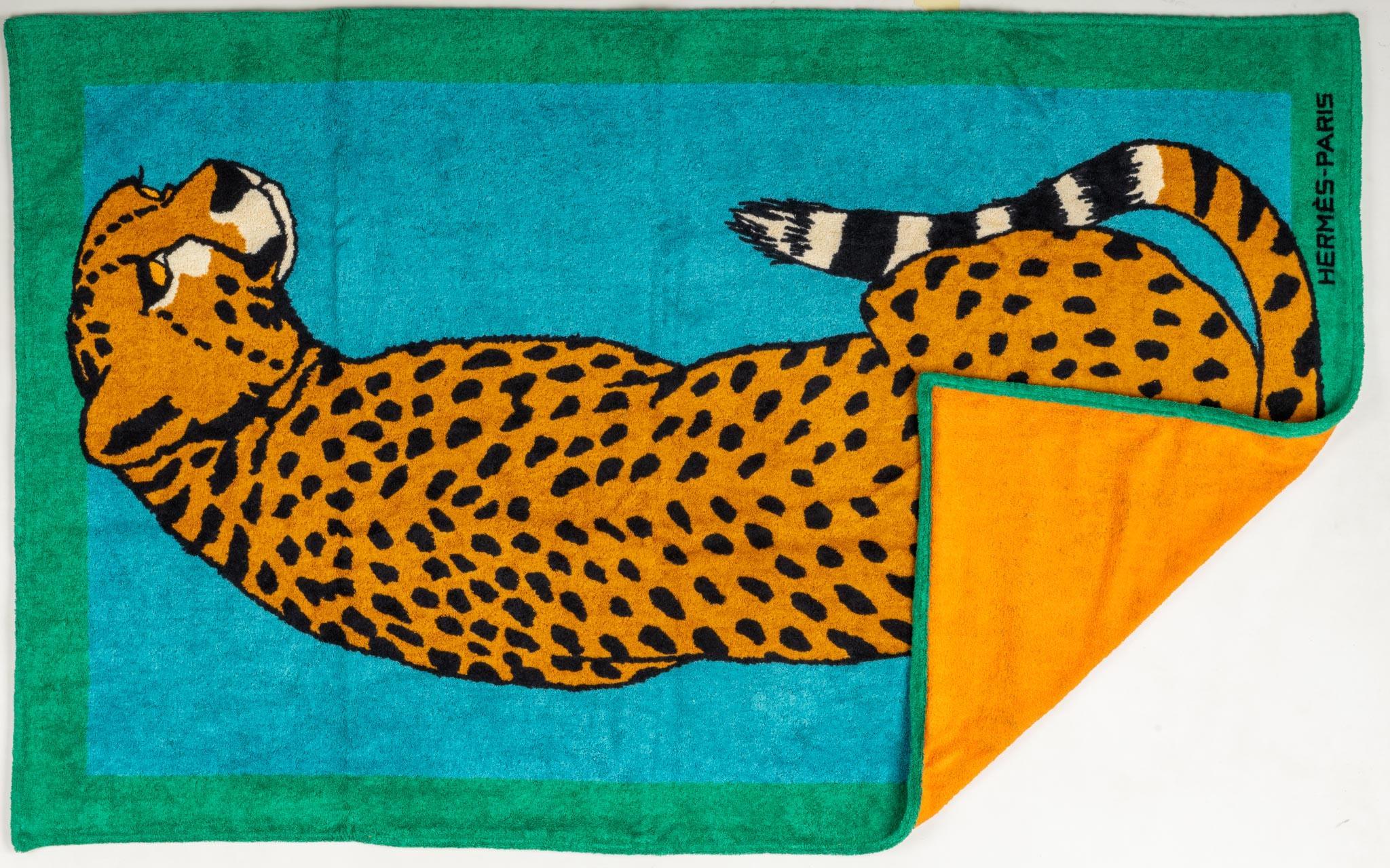 Hermès brand new collection feline towel in green, turquoise and mustard combination. Brand new.