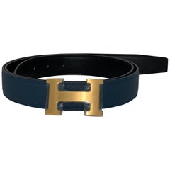 New Hermès H Belt Buckle Brushed Gold Reversible Strap Sz 115 Black Blue