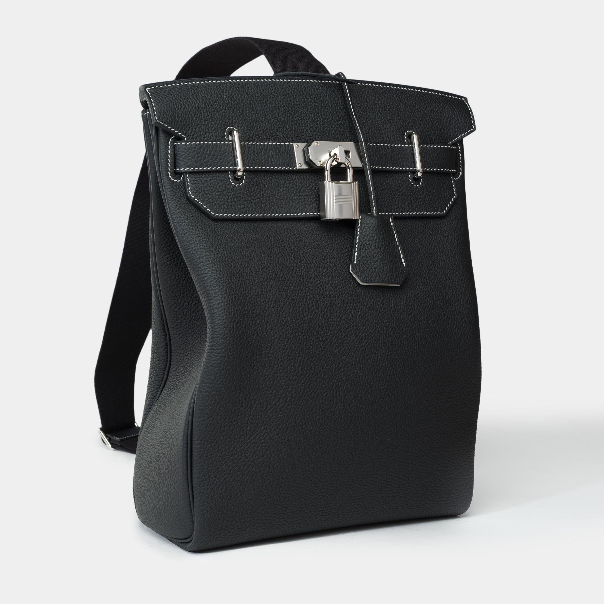 Exceptional​ ​&​ ​Rare​ ​Hermes​ ​HAC a Dos​ ​GM​ ​(large​ ​model)​ ​Special​ ​Order​ ​(HSS)​ ​in​ ​black​ ​Togo​ ​leather​ ​with​ ​white​ ​stitching​ ​and​ ​inside​ ​in​ ​Grey​ ​Pearl​ ​,​ ​metal​ ​trim​ ​silver​ ​palladium,​ ​black​ ​canvas​