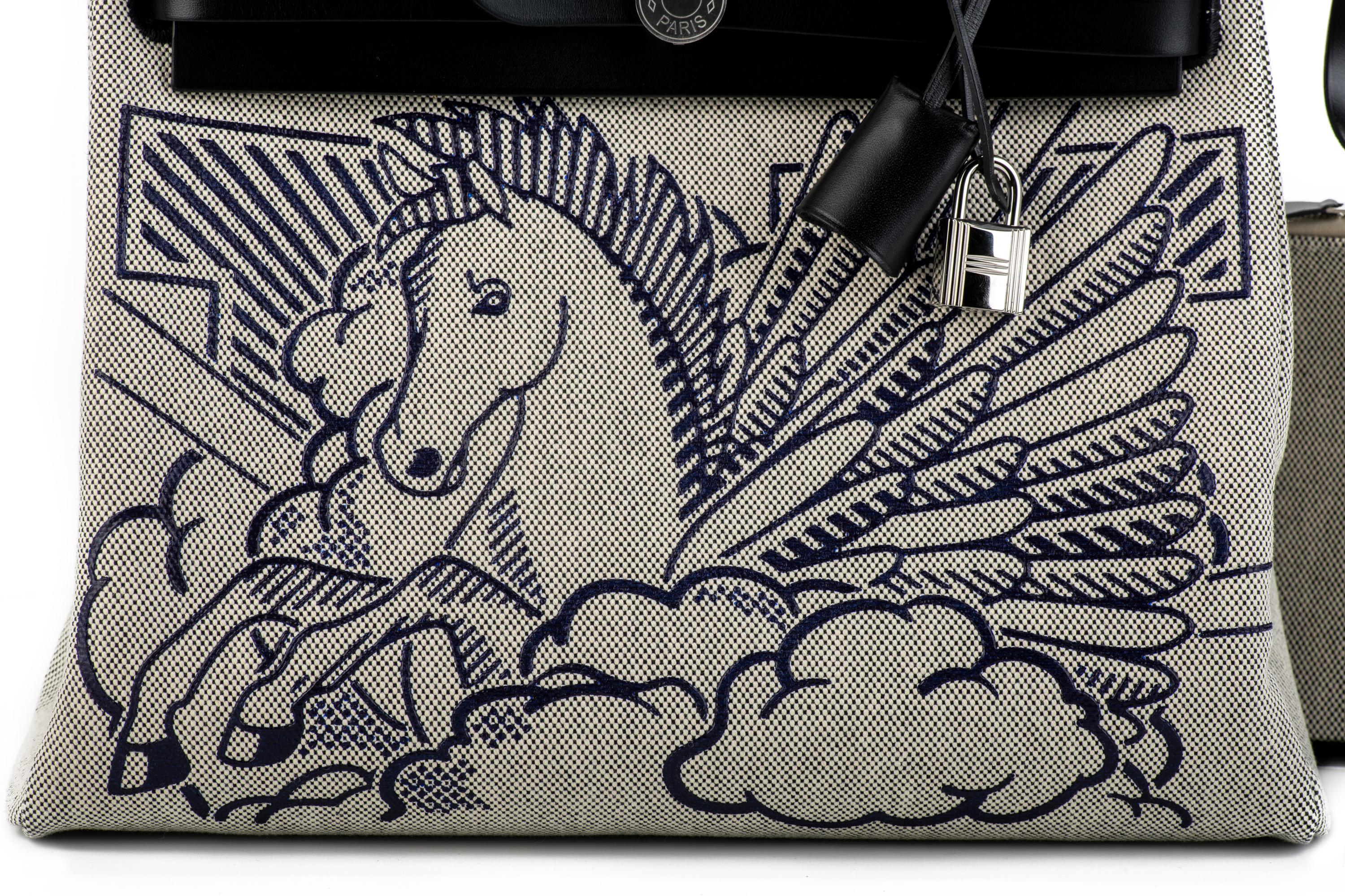 Hermes brand new limited special edition Herbag Zip 31 with pegase pop design. Toile canvas is printed with new color coating. The back has an addition zipped canvas pocket. Original Dimitri Rybaltchenko design. Handle 2.75