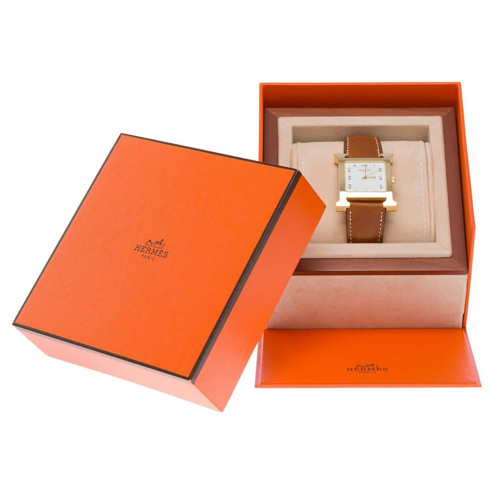 New Hermès Heure H 34 MM Grand modèle Watch in Yellow gold plated steel box For Sale