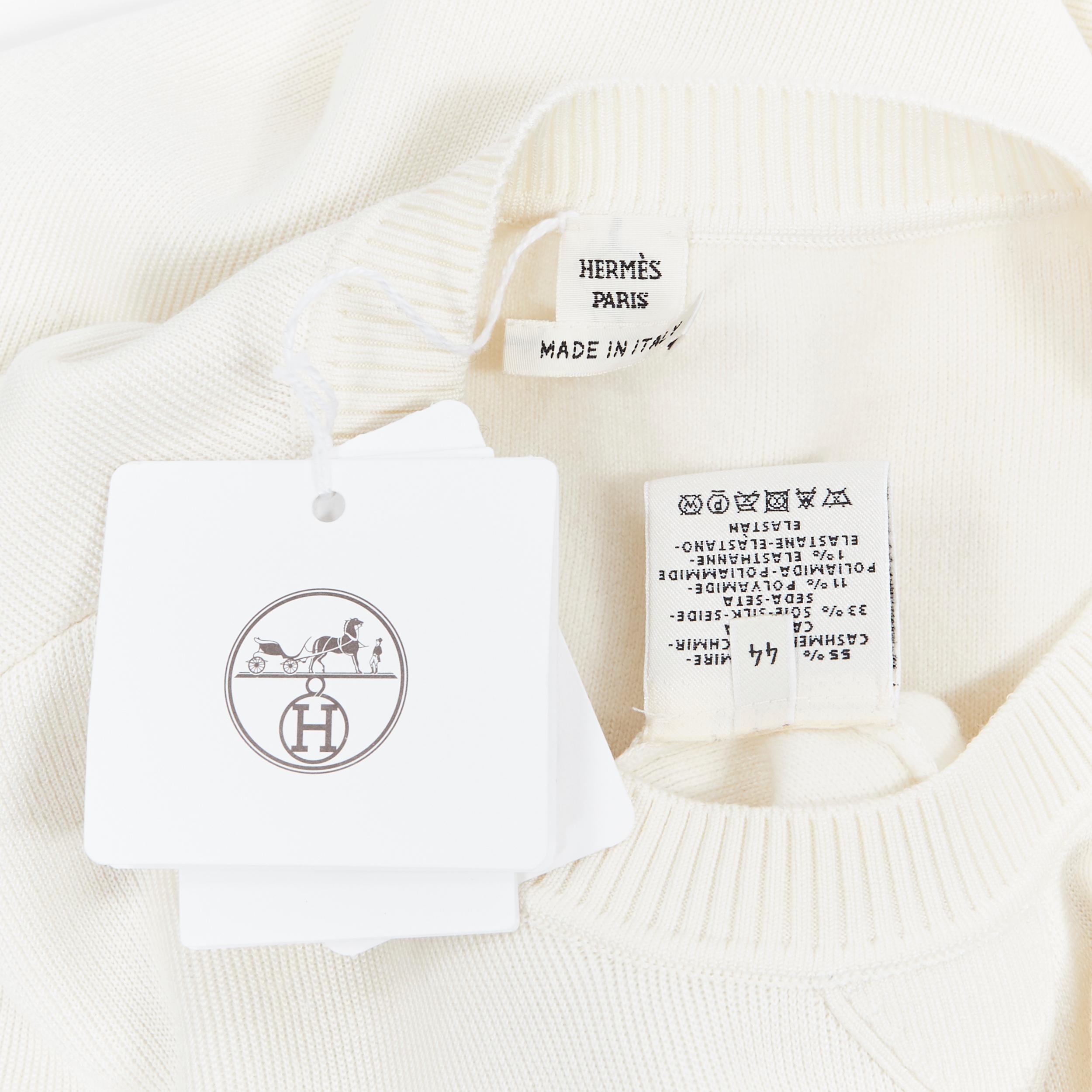 new HERMES ivory cream cashmere silk blend logo intarsia short sweater FR44 XL For Sale 5