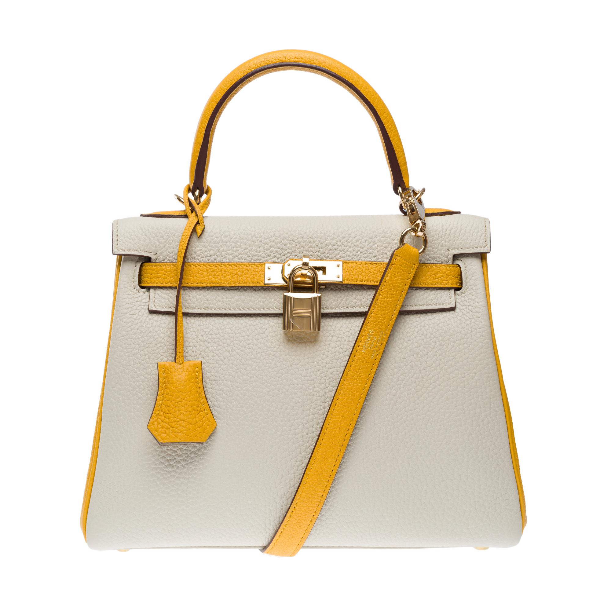 Orange New Hermès Kelly 25 HSS handbag strap in Craie/Jaune Soufre Togo leather , GHW