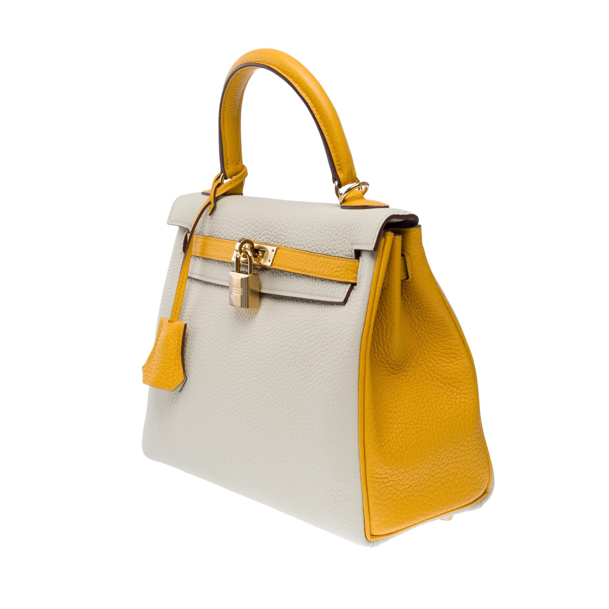 Women's New Hermès Kelly 25 HSS handbag strap in Craie/Jaune Soufre Togo leather , GHW