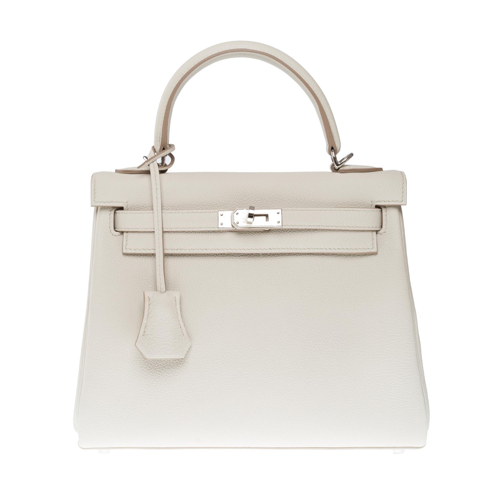 Beige New Hermès Kelly 25 retourne handbag double straps in Beton Togo leather, PHW
