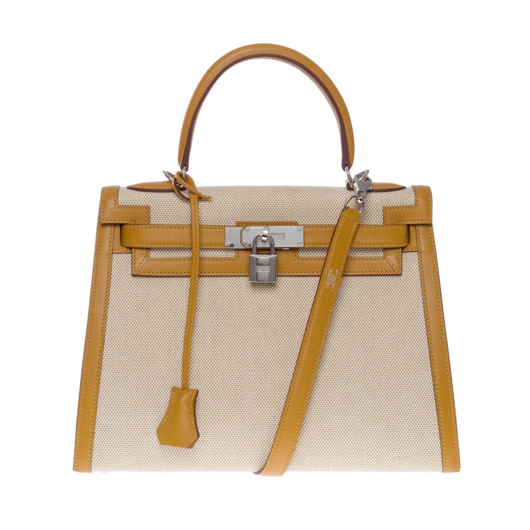 New Hermès Kelly 28 sellier handbag strap in beige canvas and gold leather,  SHW For Sale at 1stDibs