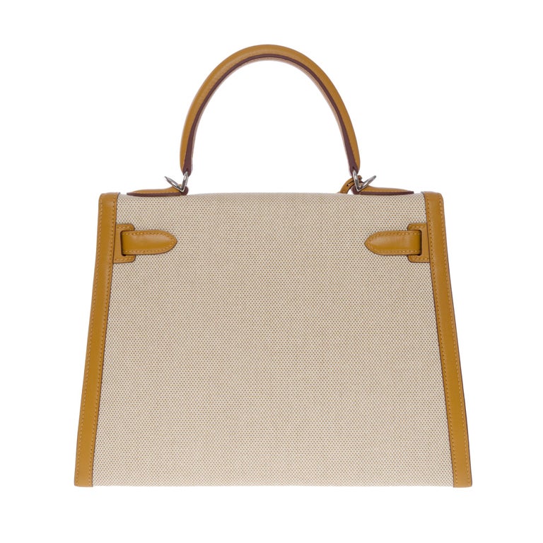 New Hermès Kelly 28 sellier handbag strap in beige canvas and gold leather,  SHW For Sale at 1stDibs