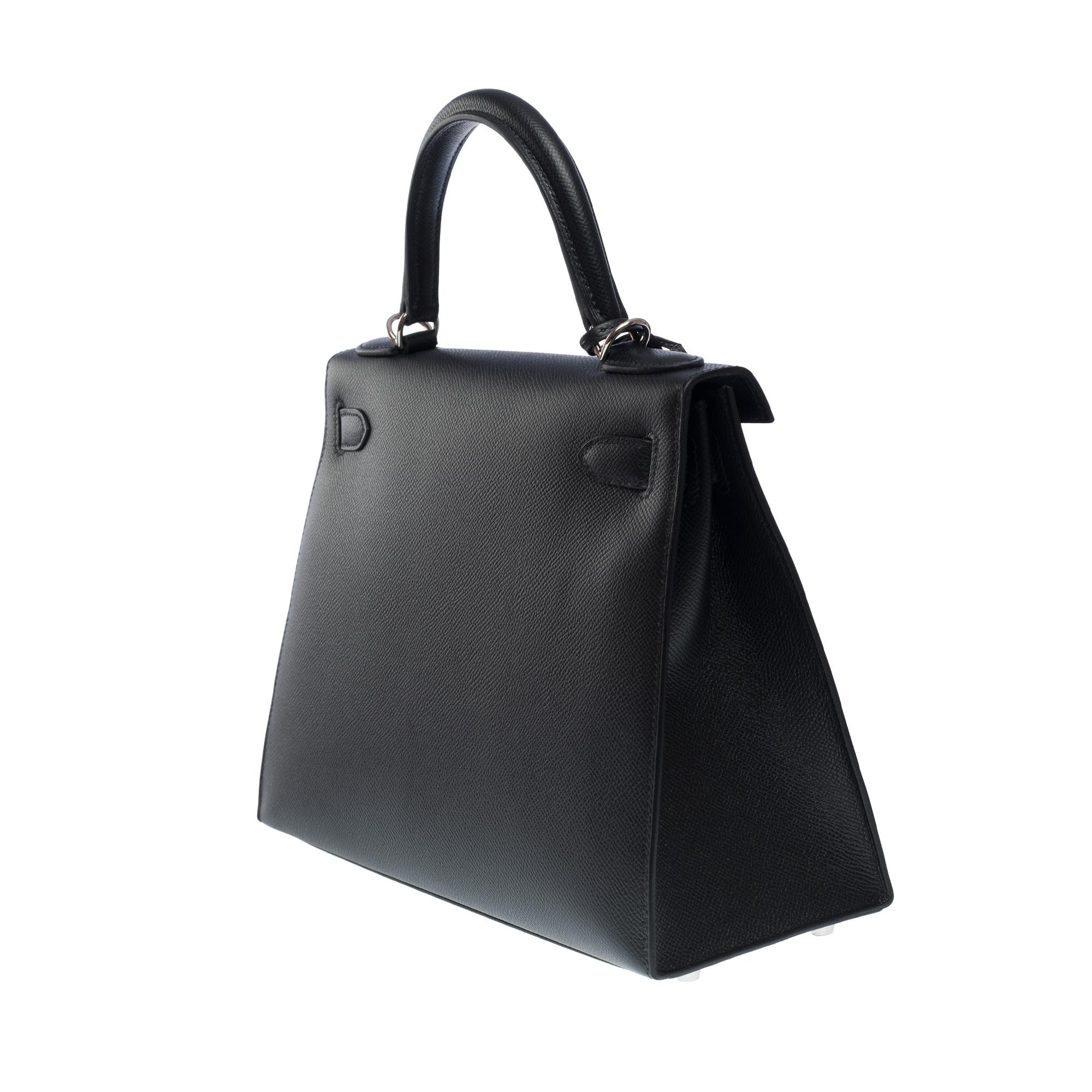 Women's New Hermès Kelly 28 sellier handbag strap in black Epsom leather, SHW