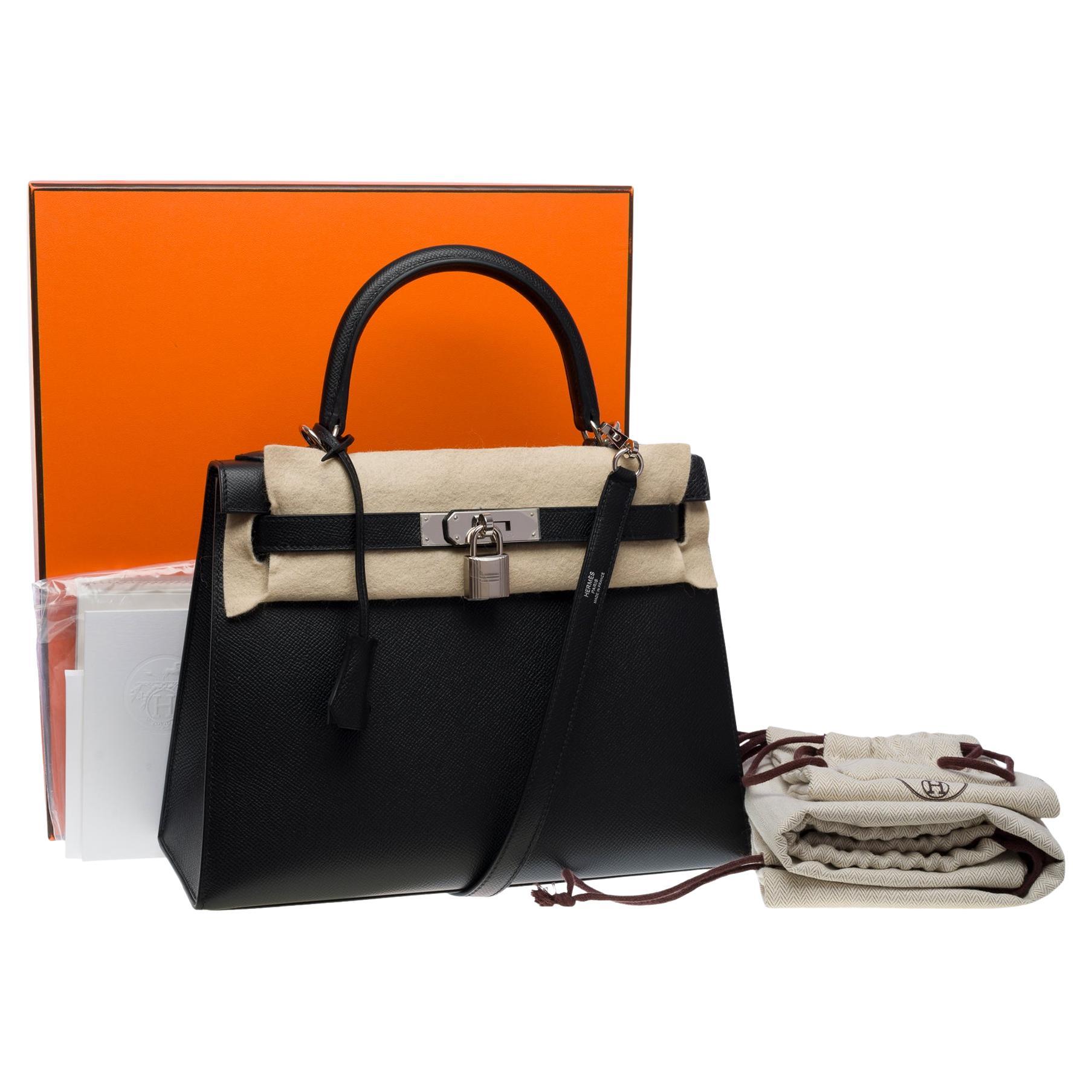 New Hermès Kelly 28 sellier handbag strap in black Epsom leather, SHW