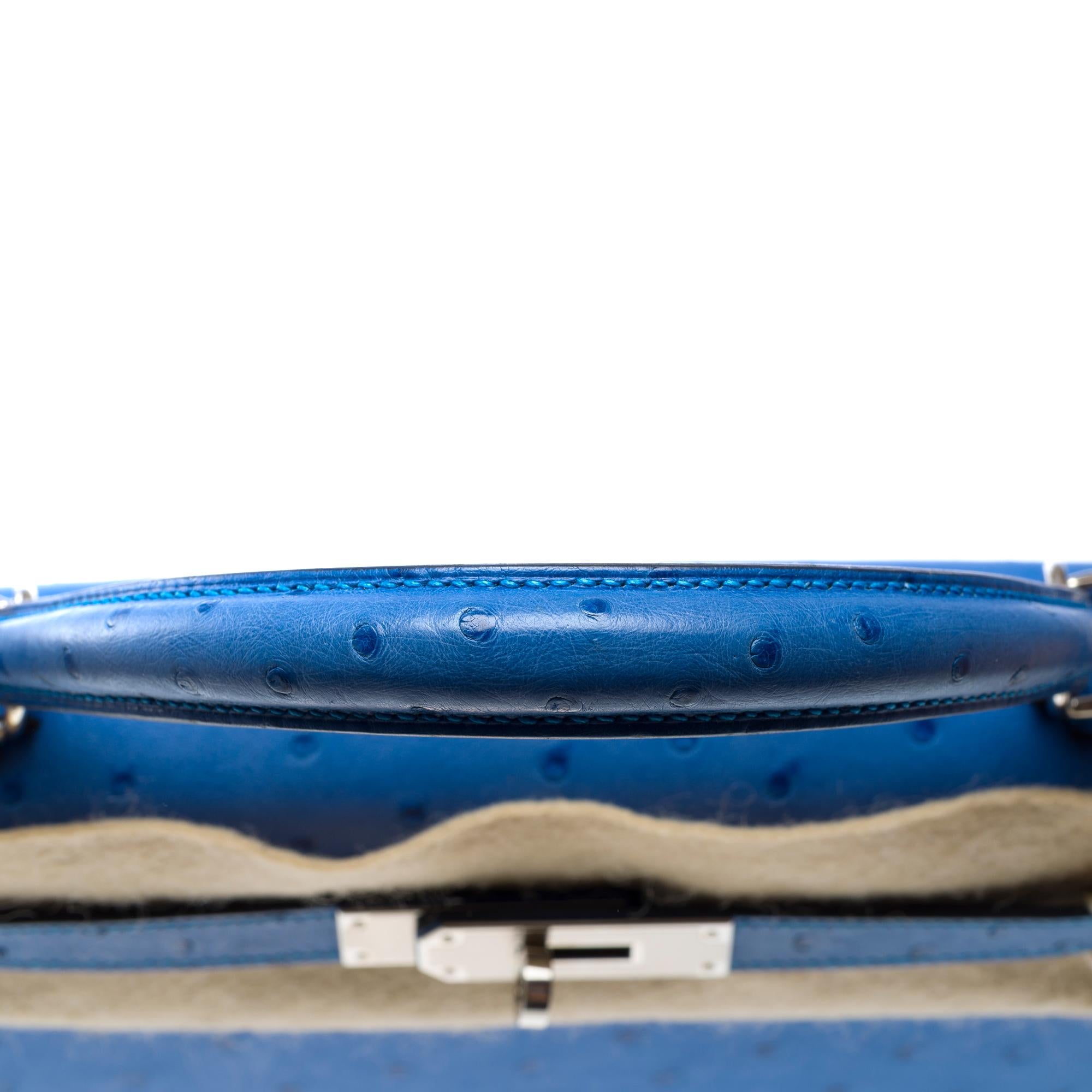 New Hermès Kelly 28 sellier handbag strap in Blue Bleuet Ostrich leather, PHW 5