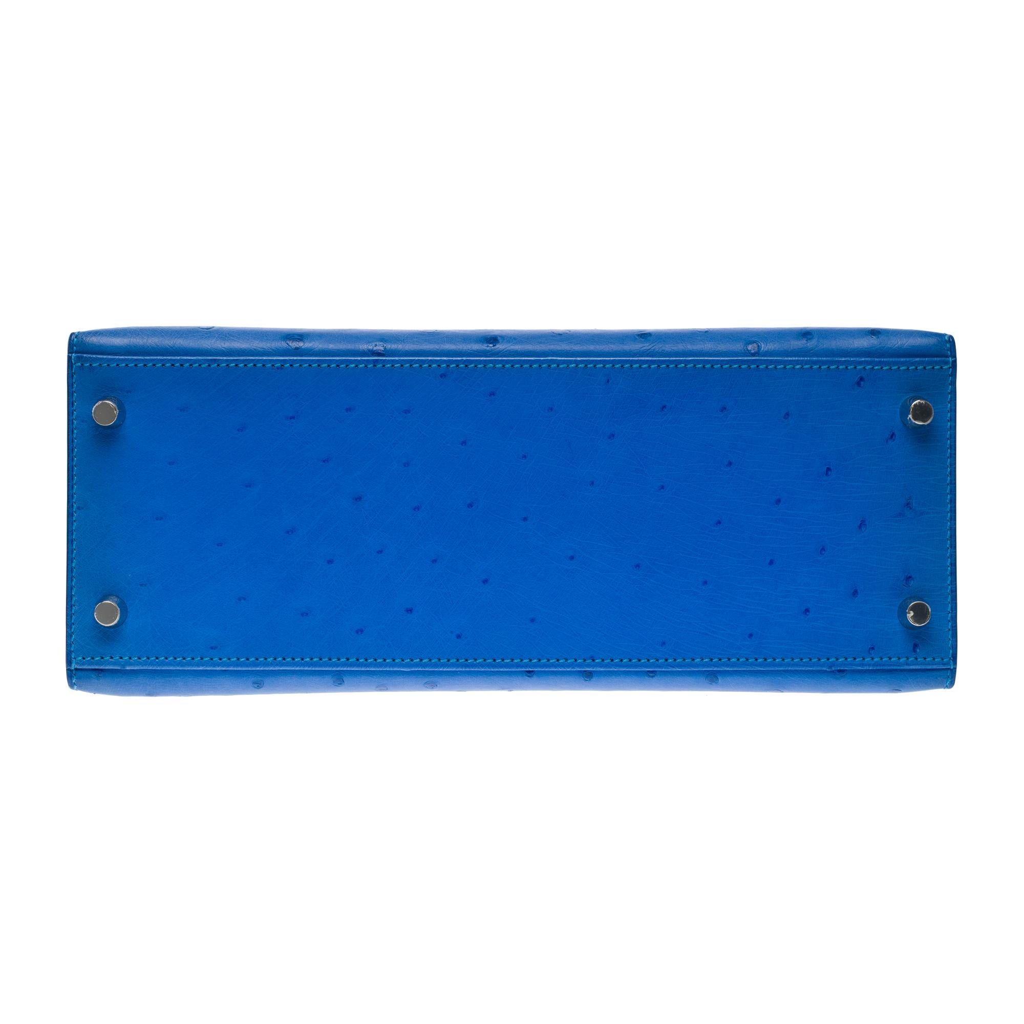 New Hermès Kelly 28 sellier handbag strap in Blue Bleuet Ostrich leather, PHW 6