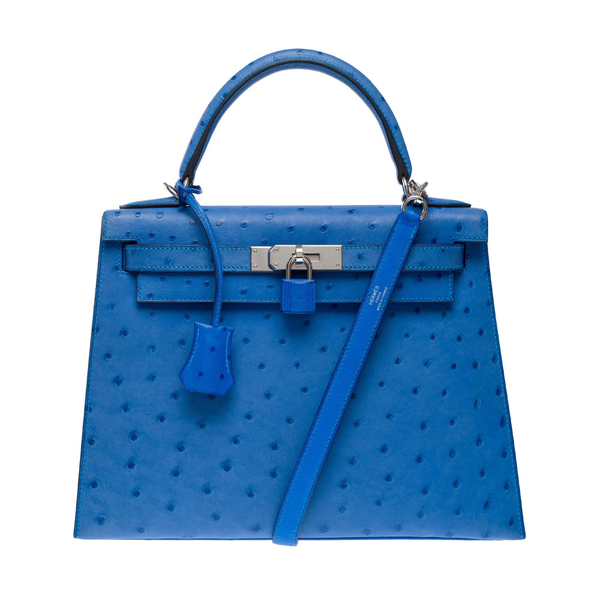 Orange New Hermès Kelly 28 sellier handbag strap in Blue Bleuet Ostrich leather, PHW