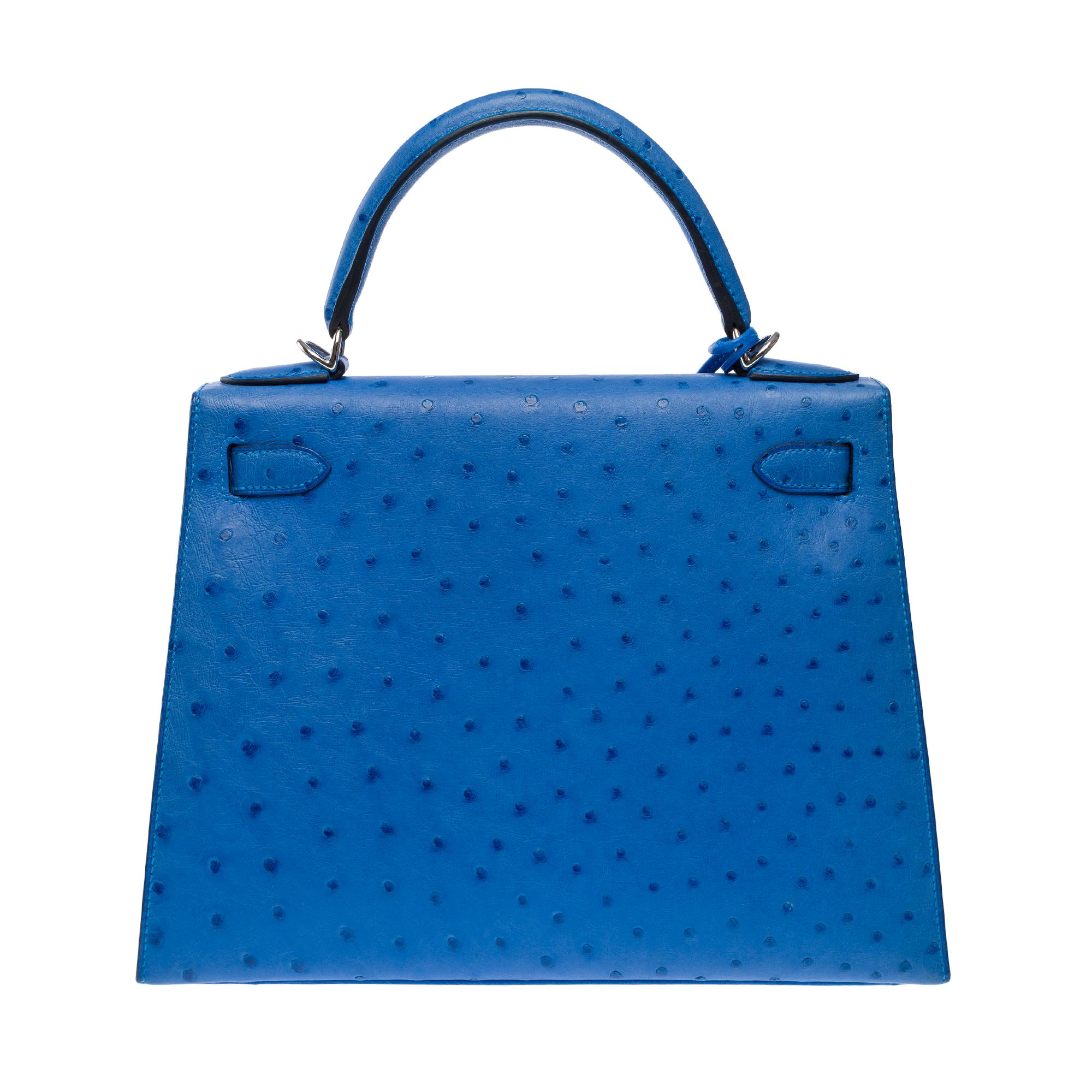 New Hermès Kelly 28 sellier handbag strap in Blue Bleuet Ostrich leather, PHW In New Condition In Paris, IDF