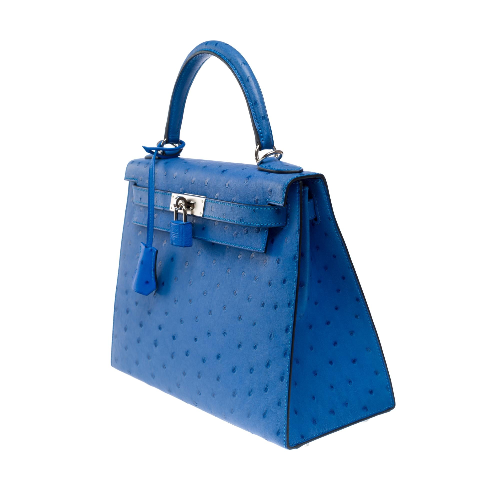 Women's New Hermès Kelly 28 sellier handbag strap in Blue Bleuet Ostrich leather, PHW