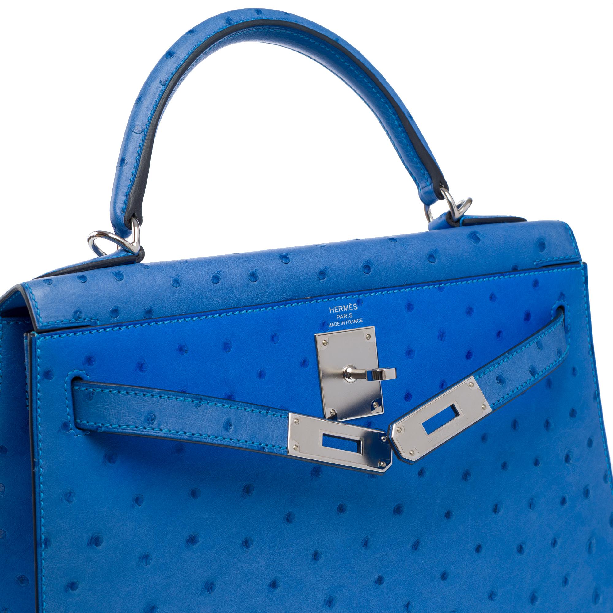 New Hermès Kelly 28 sellier handbag strap in Blue Bleuet Ostrich leather, PHW 2