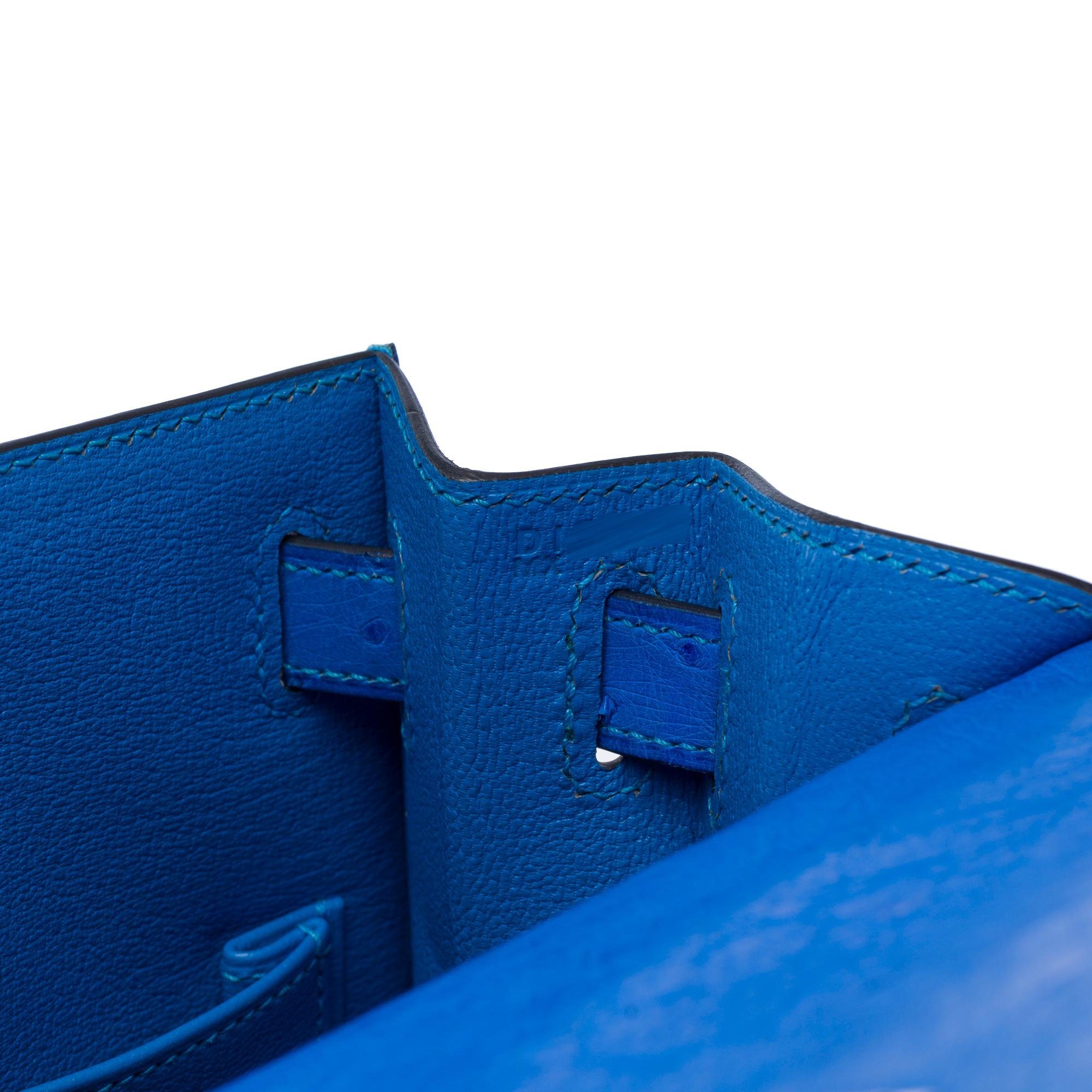 New Hermès Kelly 28 sellier handbag strap in Blue Bleuet Ostrich leather, PHW 3