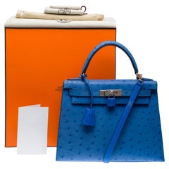 New Hermès Kelly 28 sellier handbag strap in Blue Bleuet Ostrich leather, PHW
