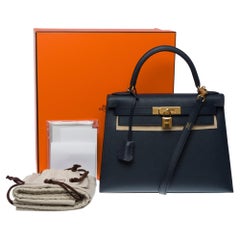 New Hermès Kelly 28 sellier handbag strap in Blue indigo Epsom leather, GHW