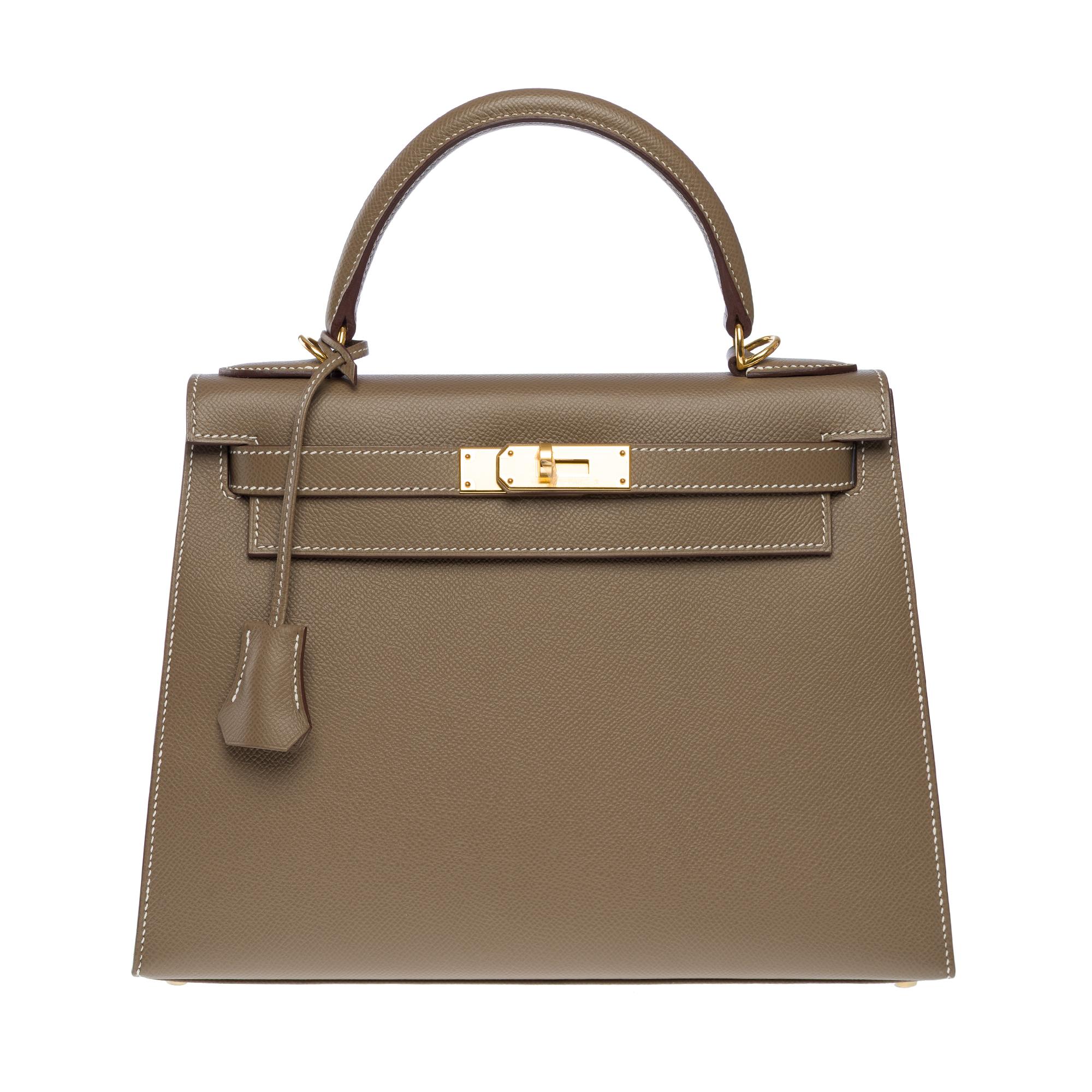 Orange New Hermès Kelly 28 sellier handbag strap in Etoupe Epsom Calf leather, GHW For Sale