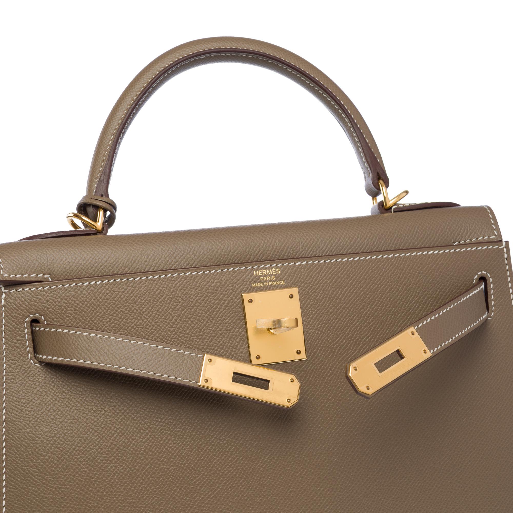 New Hermès Kelly 28 sellier handbag strap in Etoupe Epsom Calf leather, GHW For Sale 2