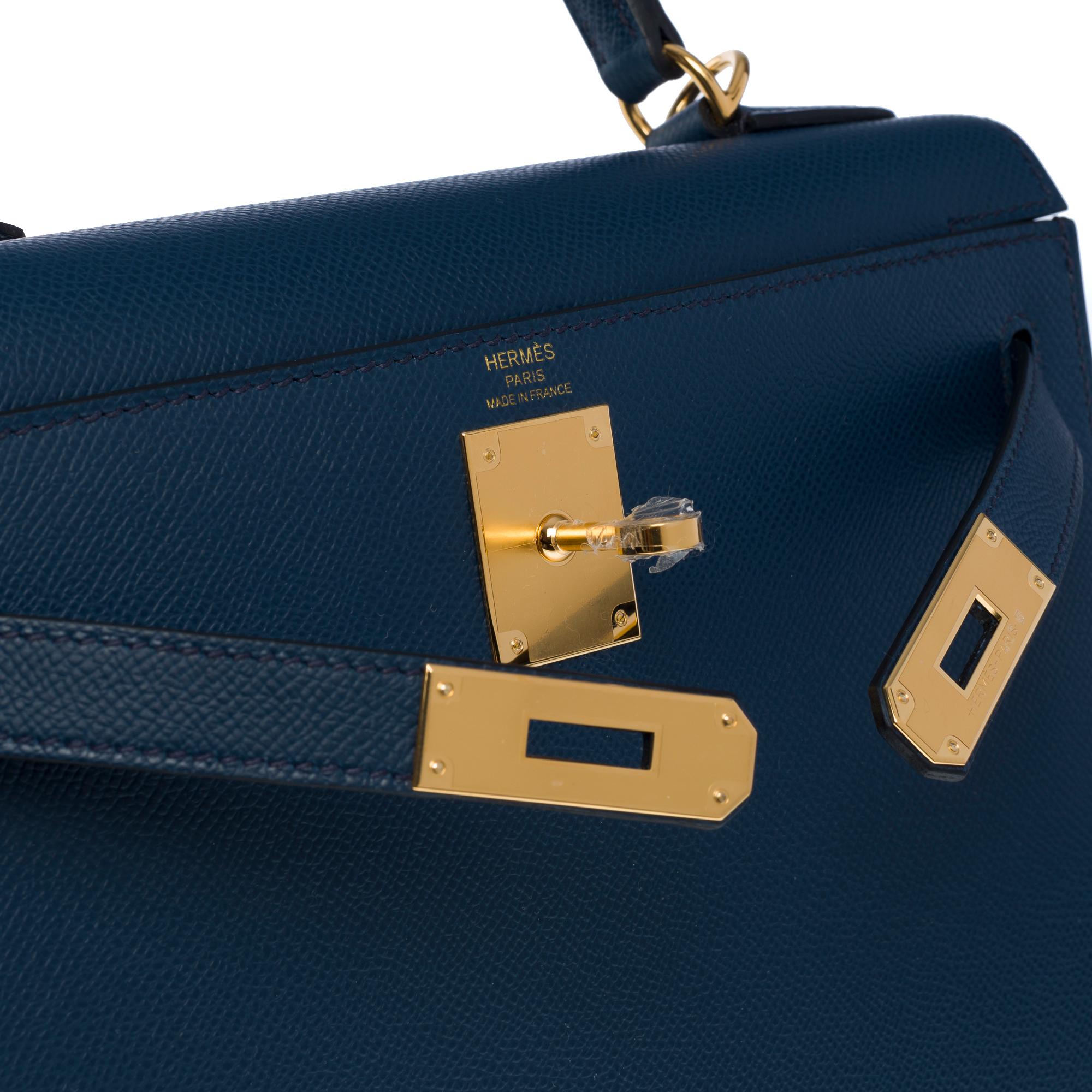 New Hermès Kelly 28 sellier handbag strap in Prussian blue Epsom leather, GHW 2