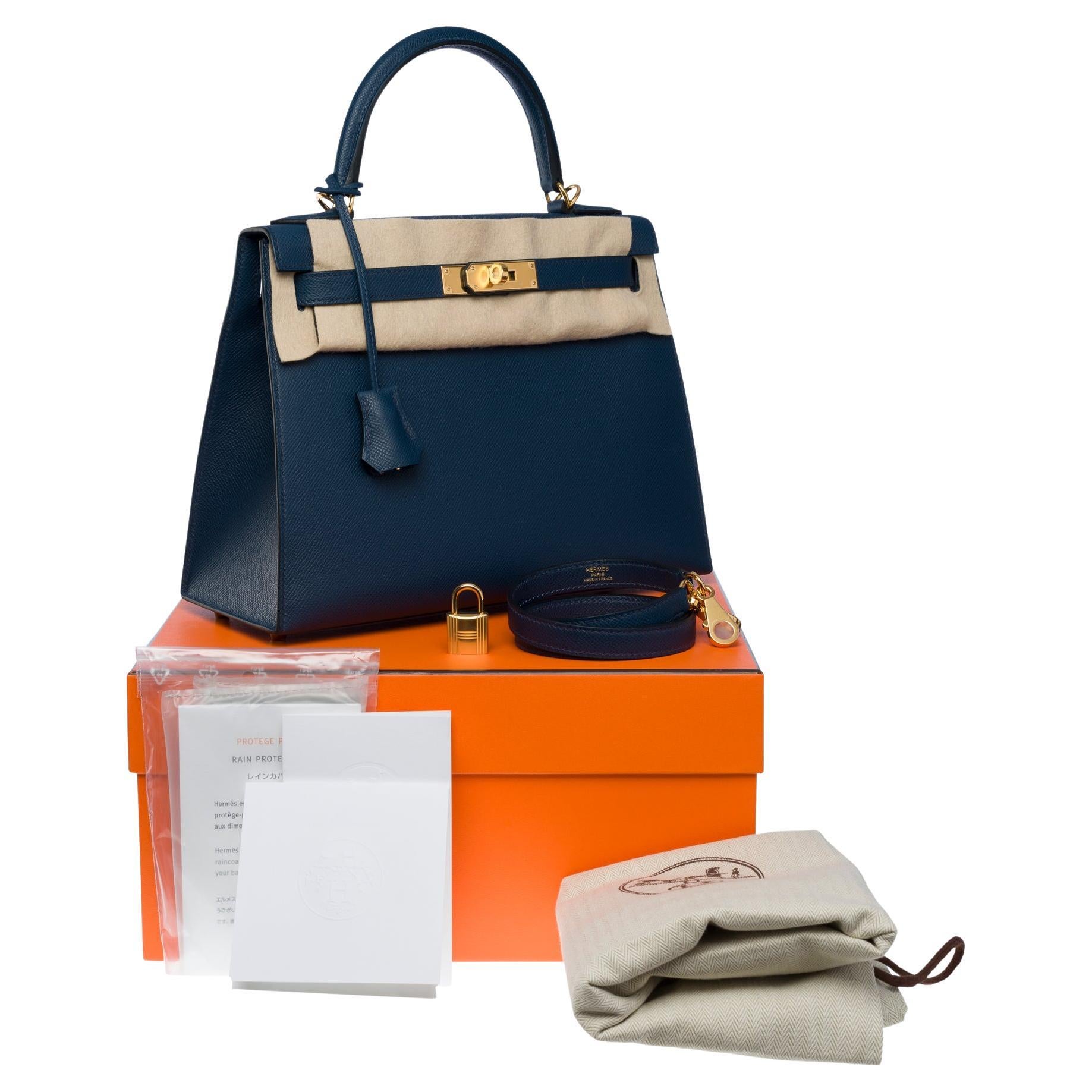 New Hermès Kelly 28 sellier handbag strap in Prussian blue Epsom leather,  GHW at 1stDibs