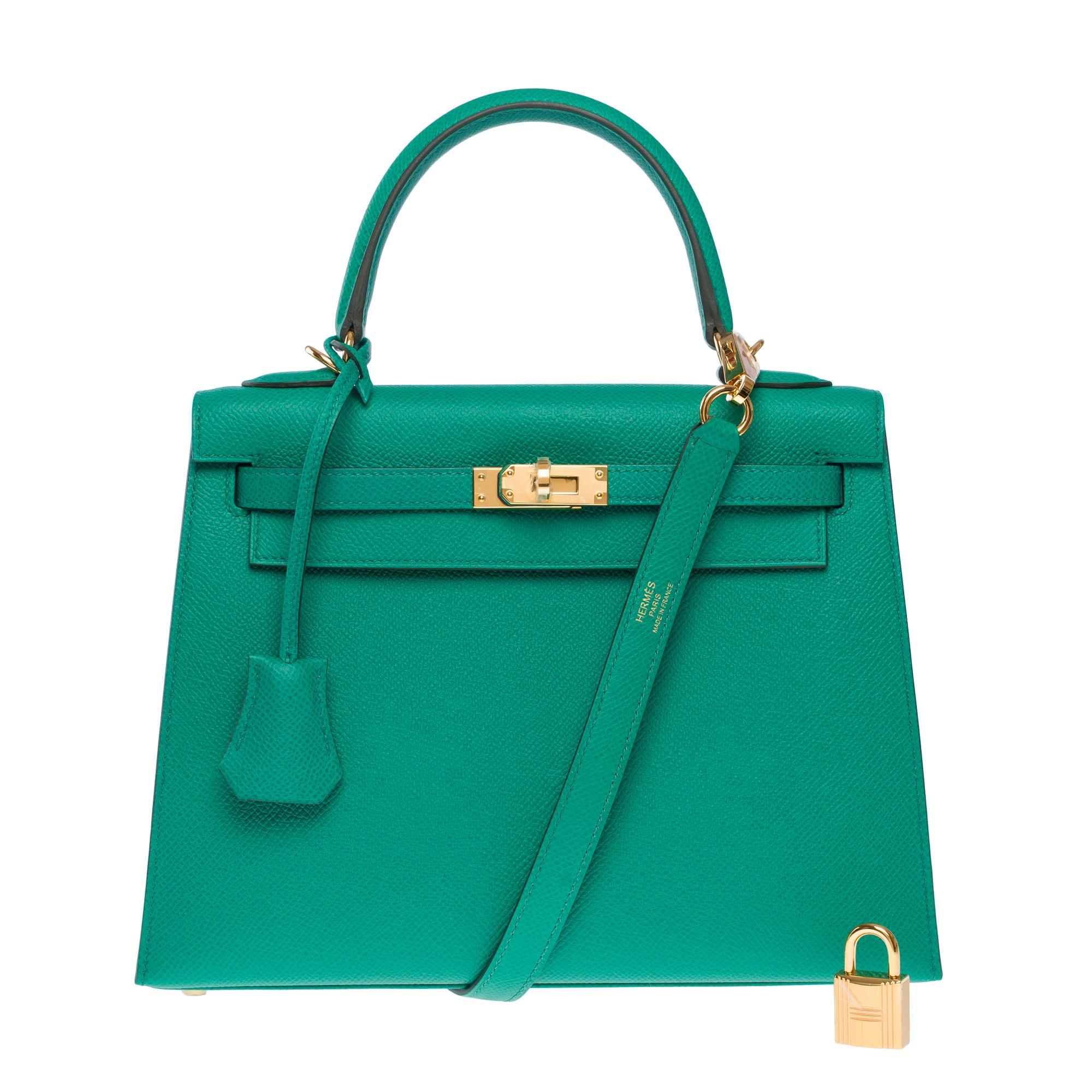 Orange New Hermès Kelly 28 sellier handbag strap in Vert Jade Epsom Calf leather, GHW
