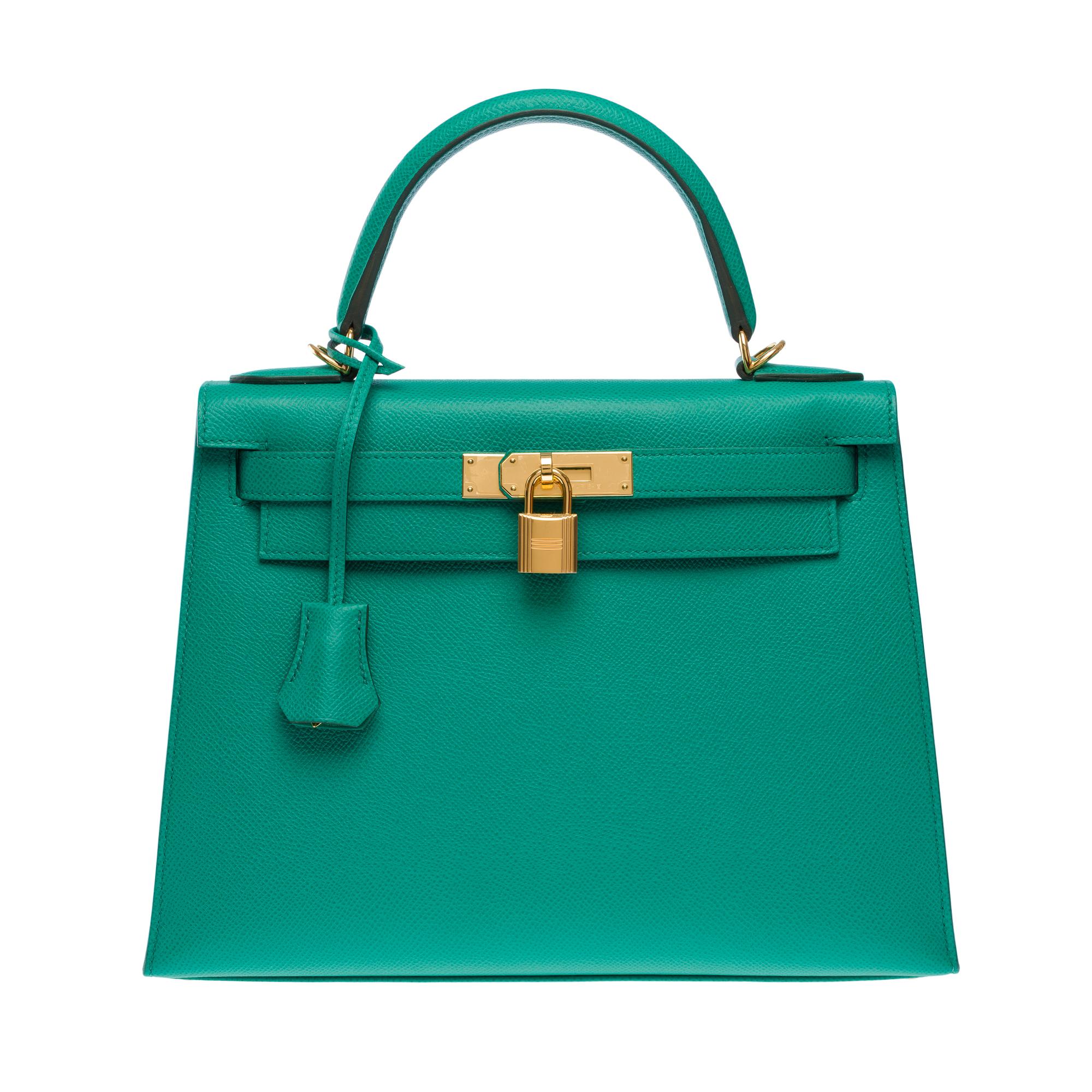 New Hermès Kelly 28 sellier handbag strap in Vert Jade Epsom leather, GHW In New Condition For Sale In Paris, IDF