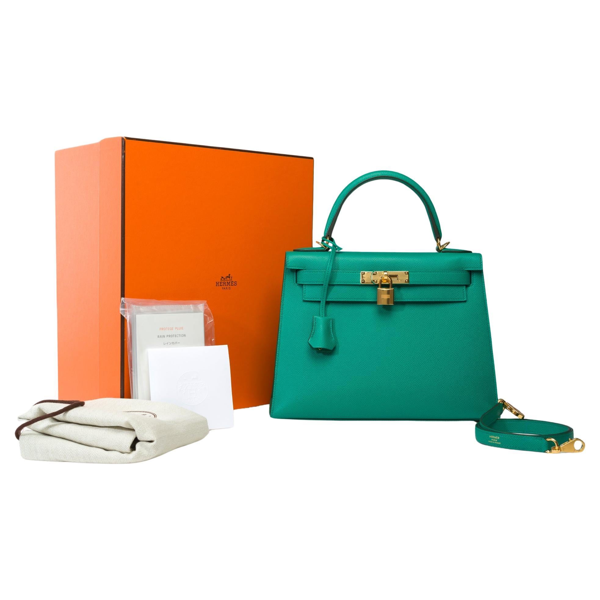 New Hermès Kelly 28 sellier handbag strap in Vert Jade Epsom leather, GHW For Sale