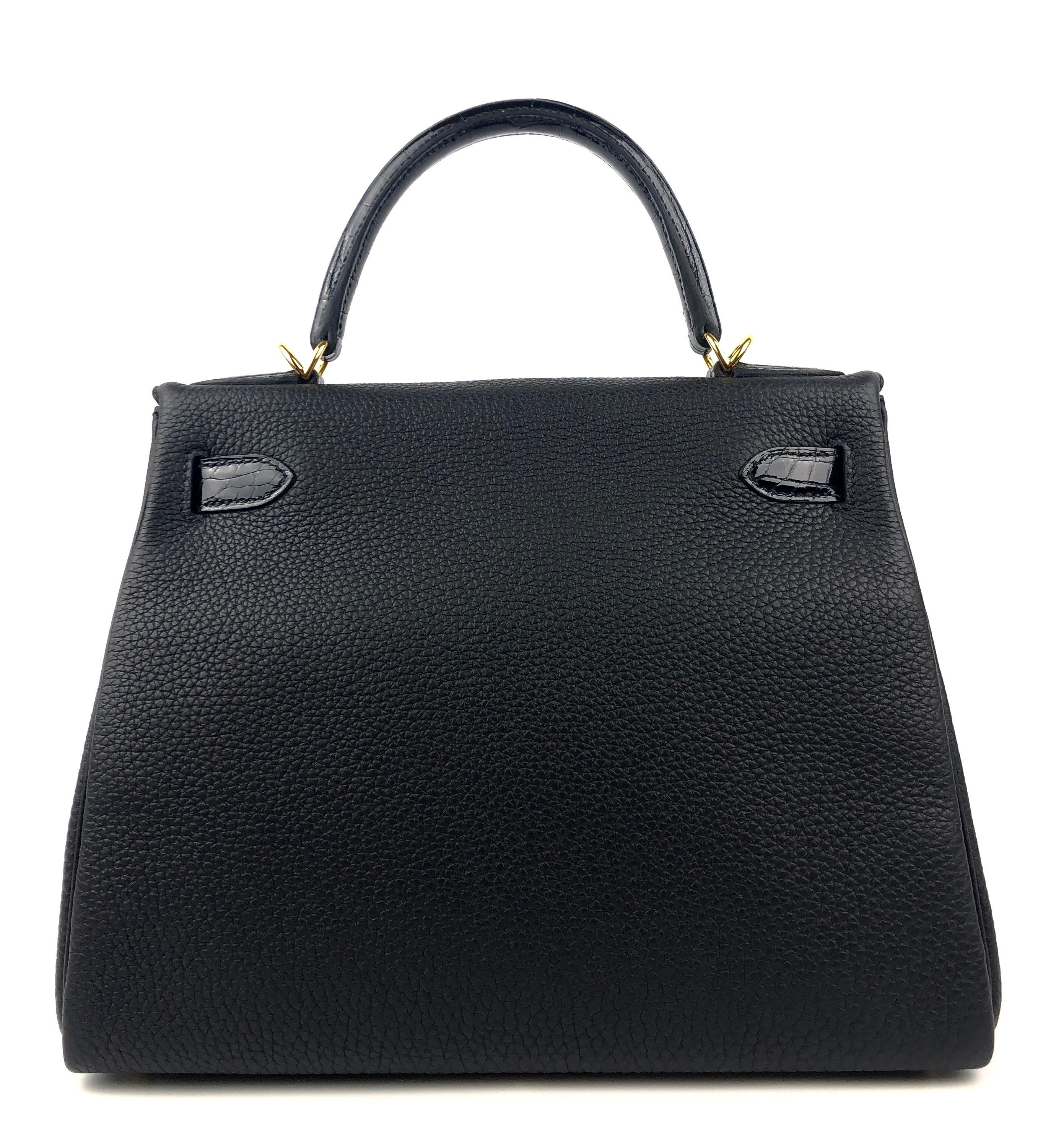 New Hermes Kelly 28 Touch Black Leather and Crocodile Gold Hardware ...