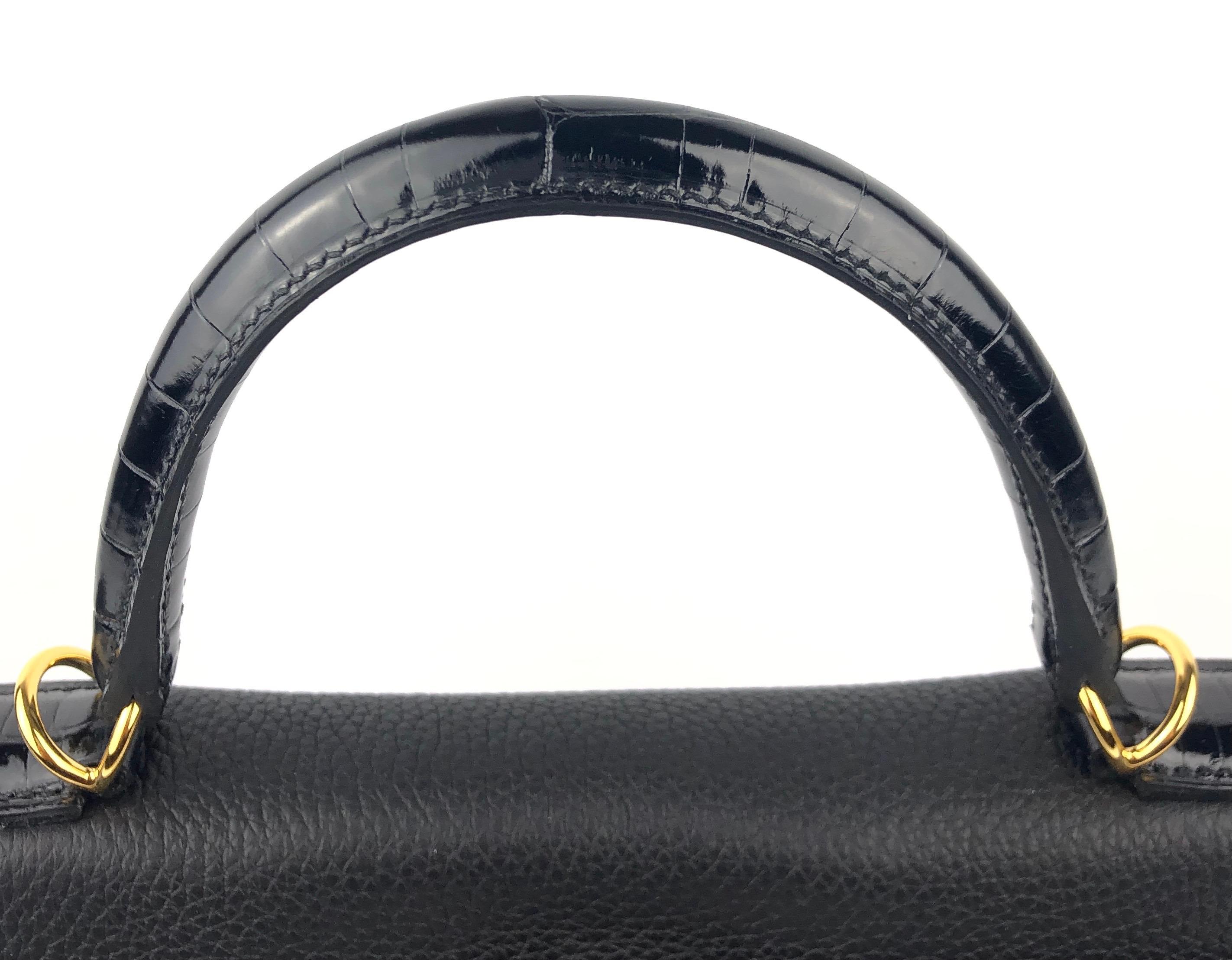 Women's or Men's New Hermes Kelly 28 Touch Black Leather and Crocodile Gold Hardware 2021 