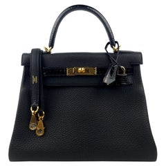 Neu Hermes Kelly 28 Touch schwarzes Leder und Krokodil Gold Hardware 2021