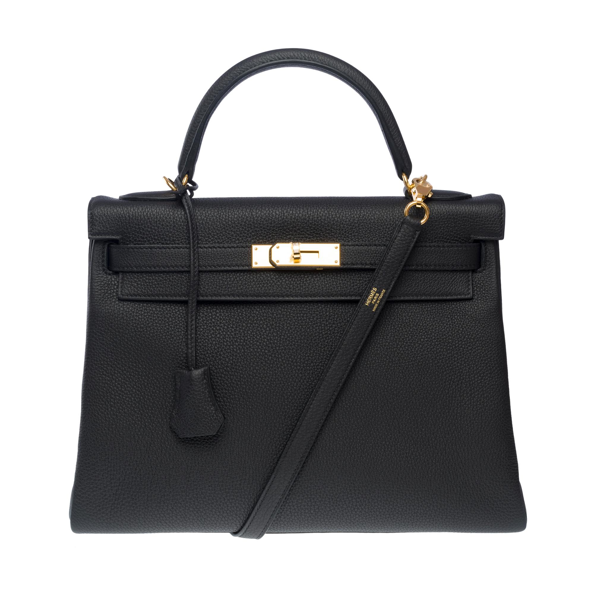 New Hermès Kelly 32 retourne handbag strap in Black Togo leather, GHW In New Condition In Paris, IDF