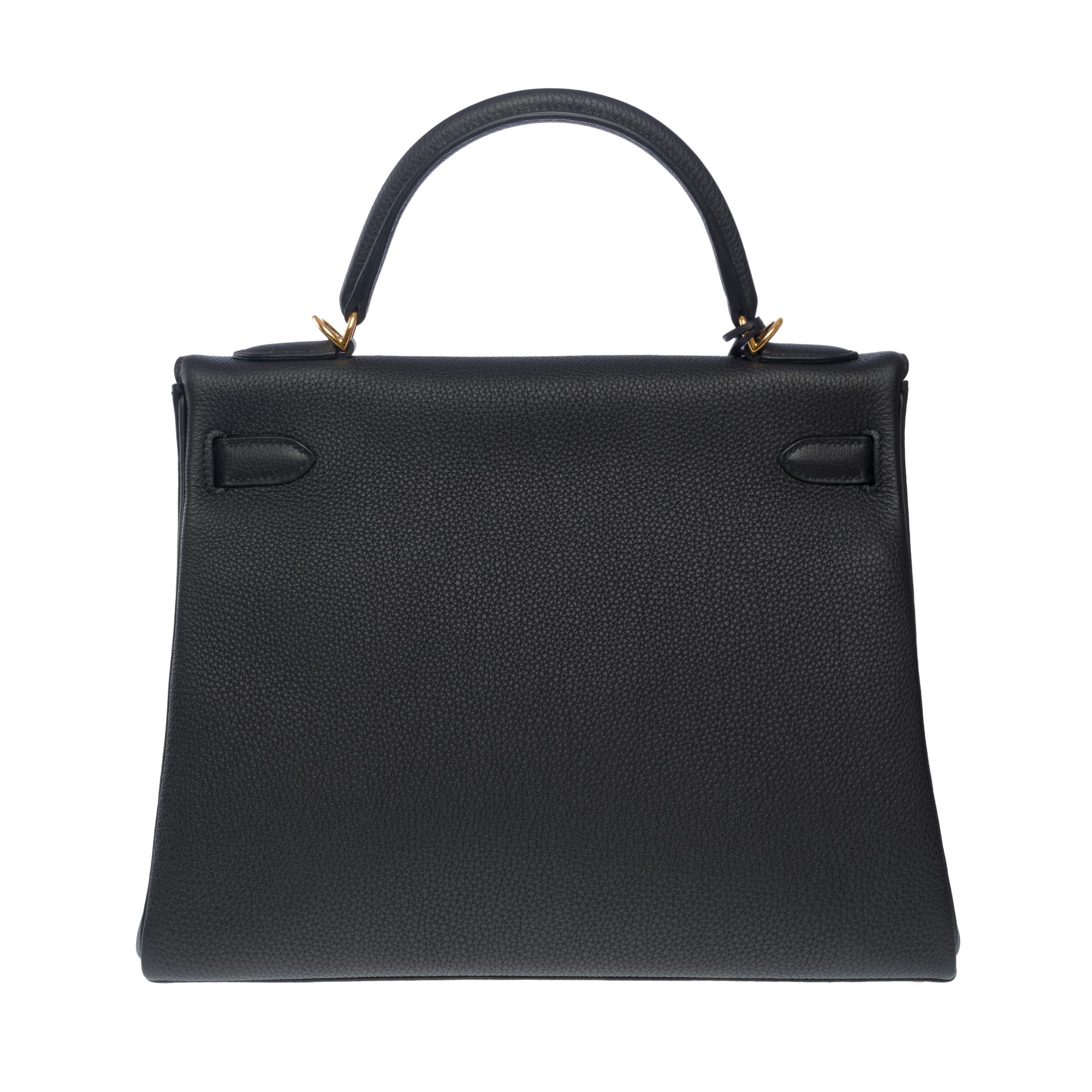 Women's New Hermès Kelly 32 retourne handbag strap in Black Togo leather, GHW